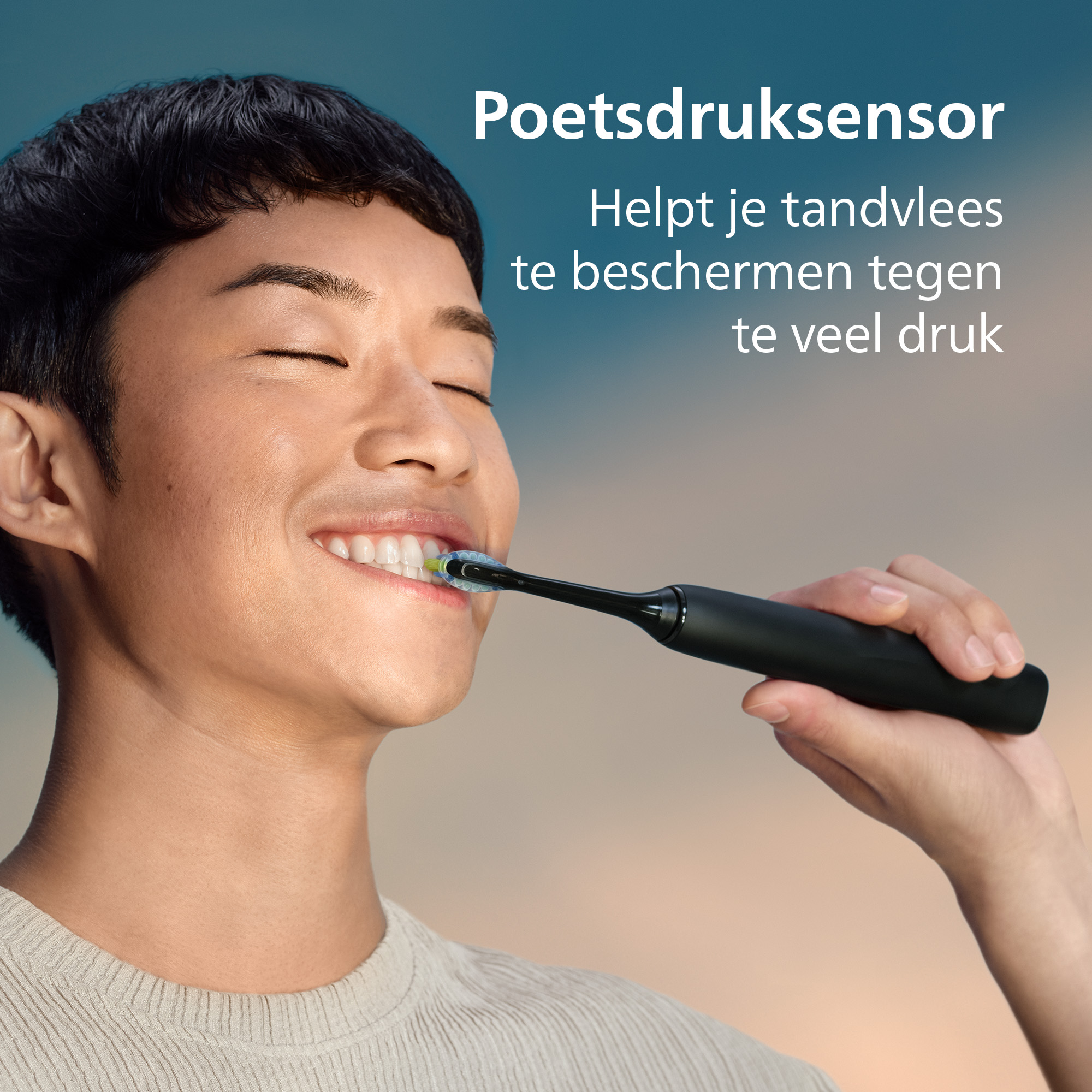 A man brushes his teeth with an electric toothbrush. The text says 'pressure sensor' and 'protect gums'.