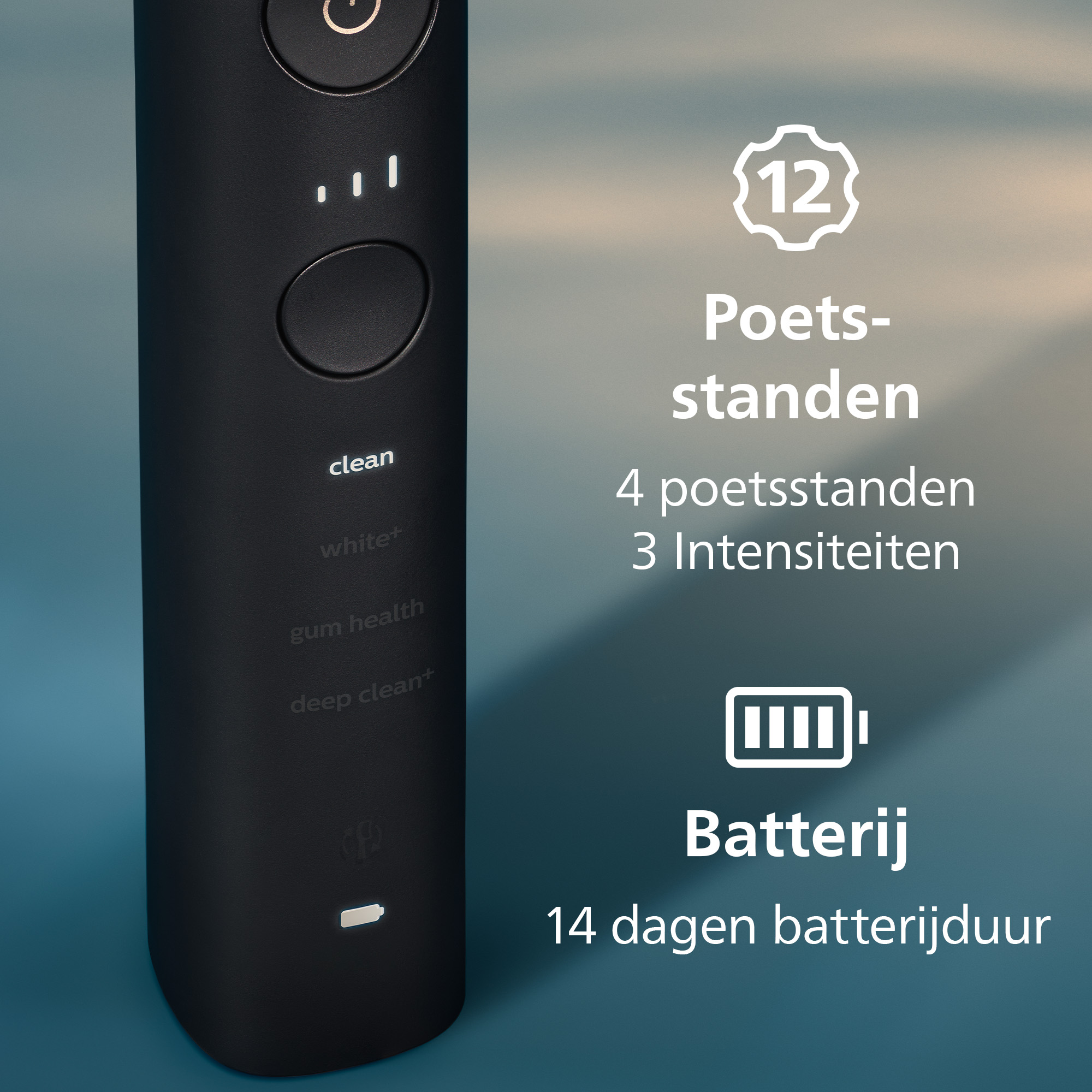 Black electric toothbrush with multiple cleaning modes and battery indicator, white text on blue background.