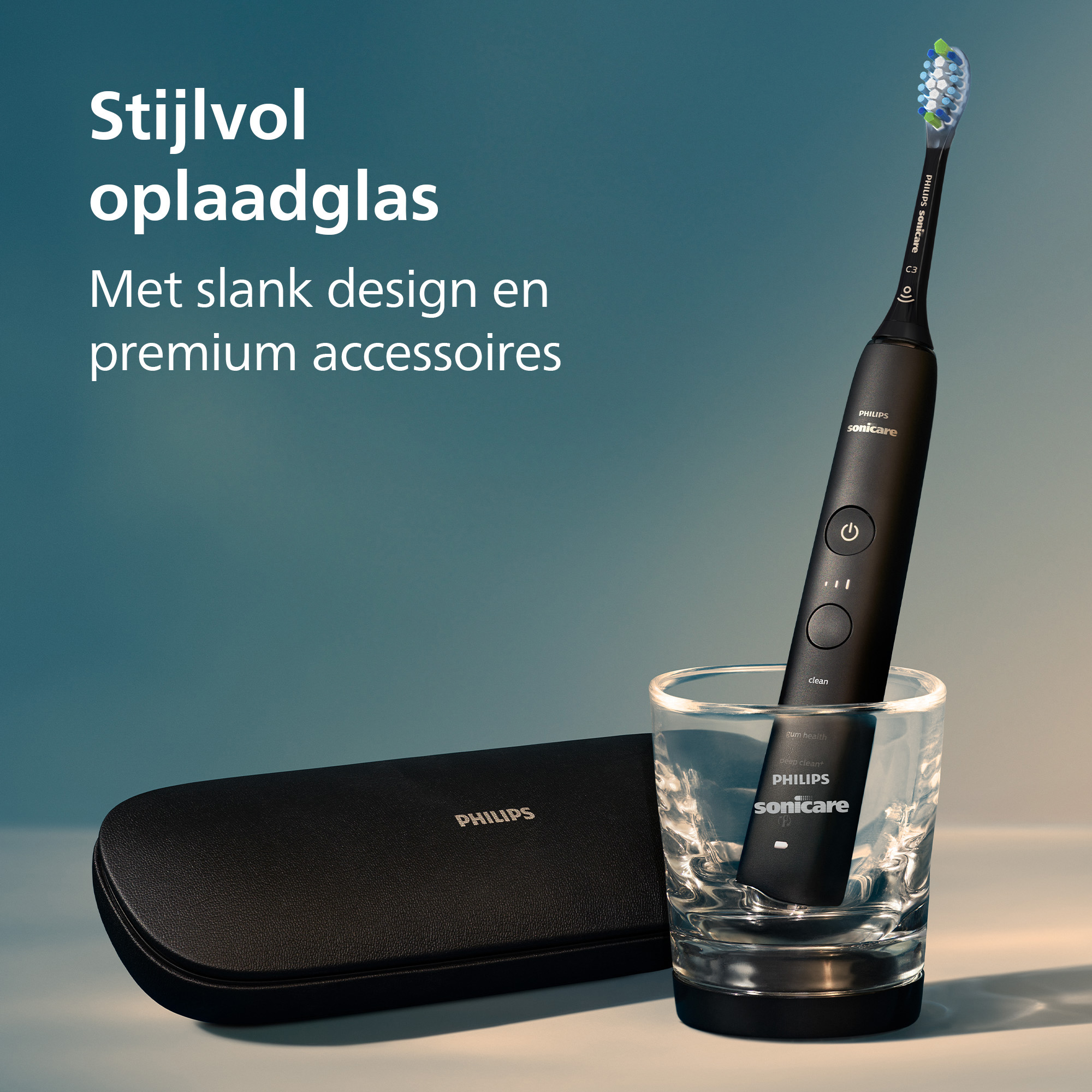 A black Philips Sonicare toothbrush in a glass, a black case, and text in Dutch. The toothbrush head is blue and green.