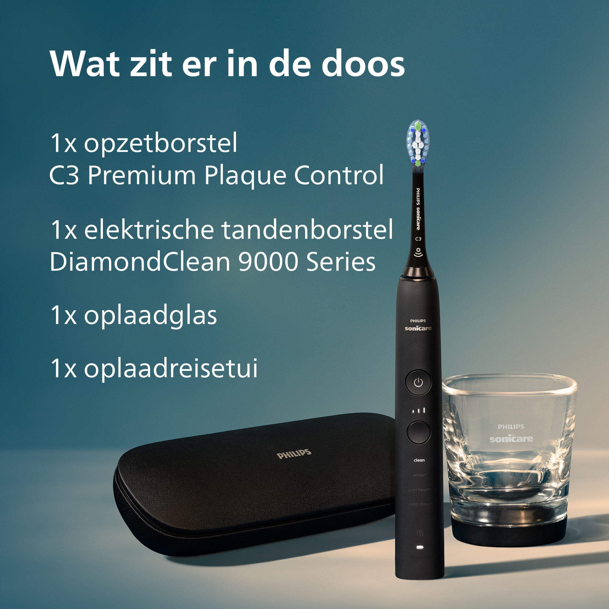 A black Philips Sonicare electric toothbrush, glass, and a case. Text: Wat zit er in de doos.