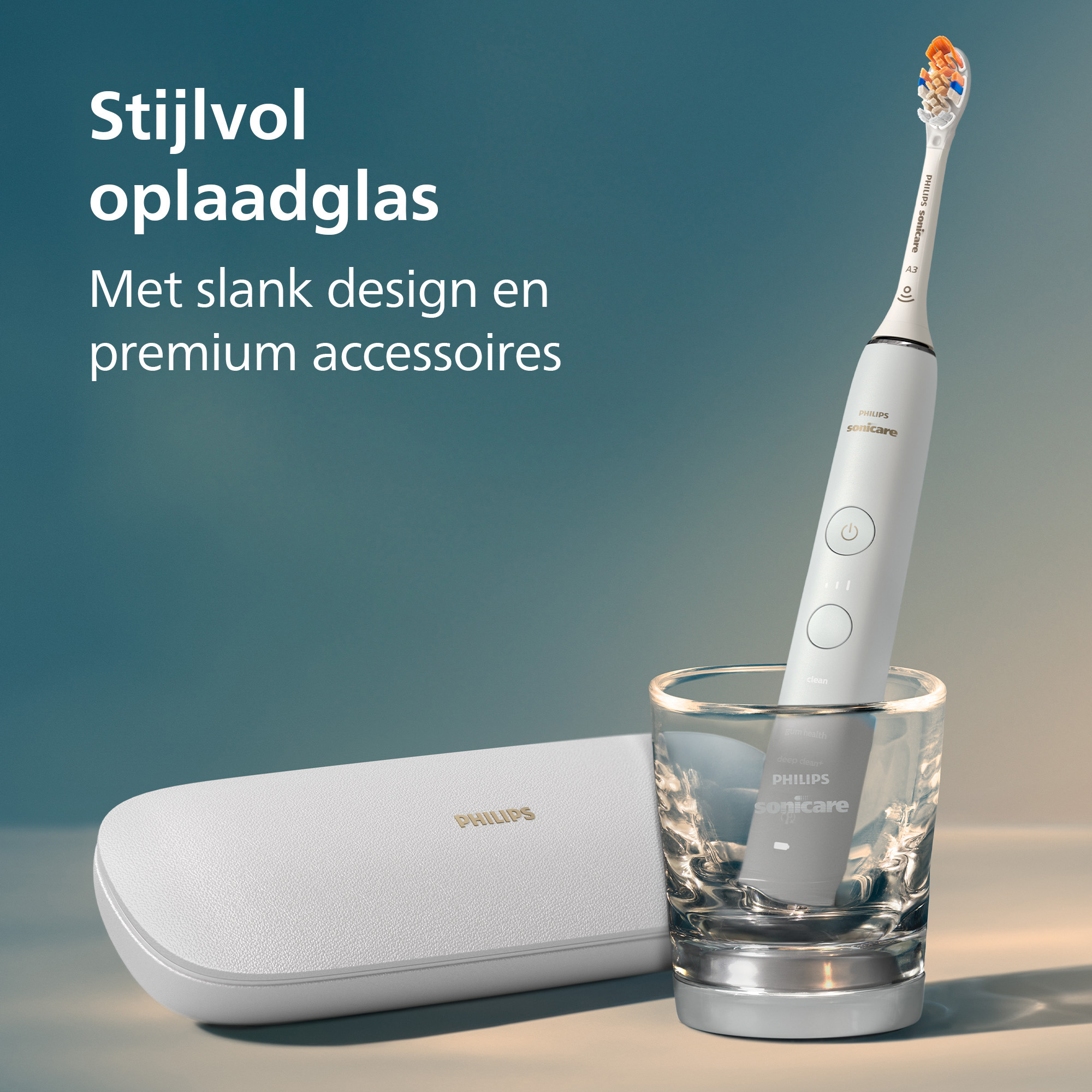 A white Philips Sonicare toothbrush in a glass, next to a white case. Text says 'Stijlvol oplaadglas'.