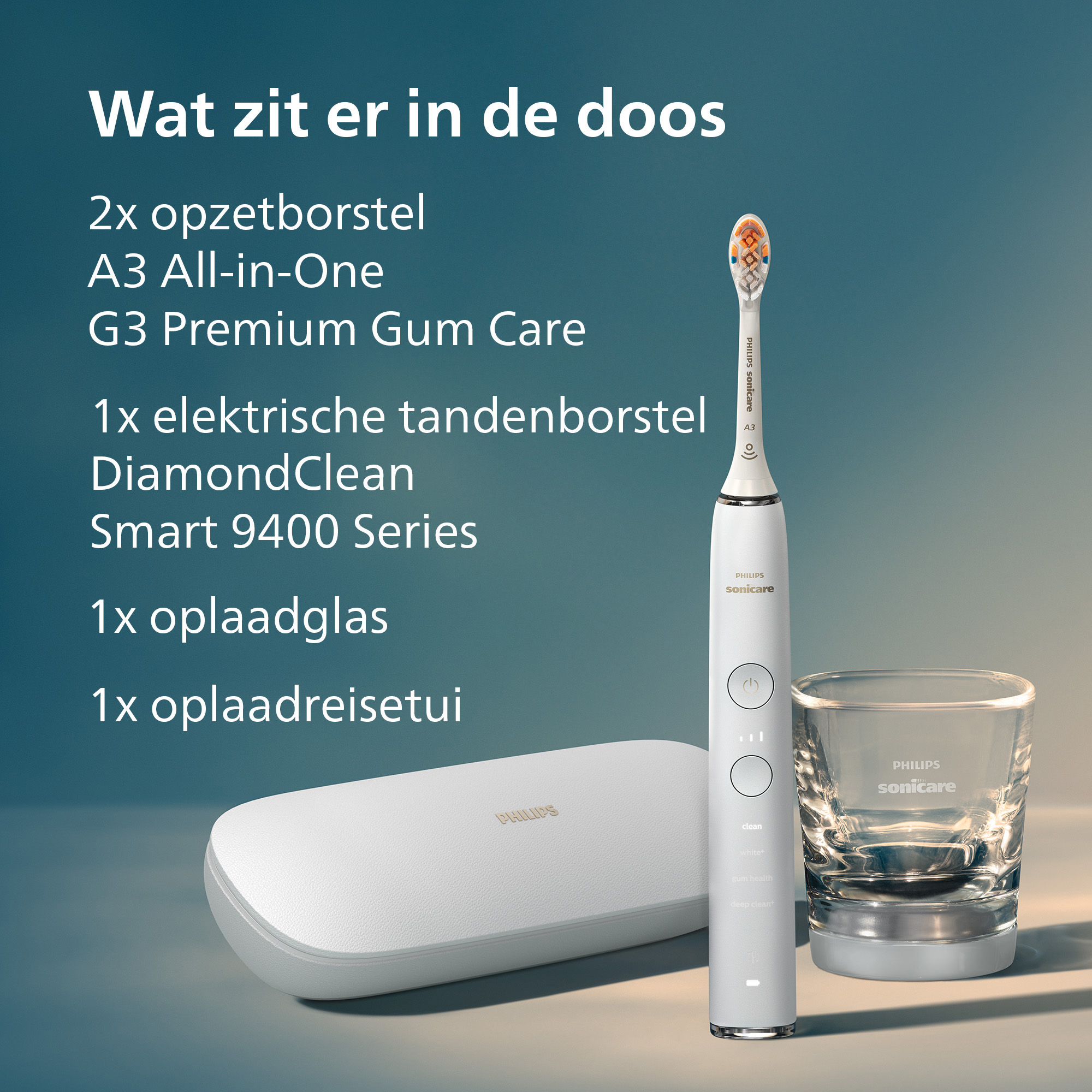 White Philips Sonicare toothbrush, charging glass, and travel case. Text: what's in the box, and a list of items.