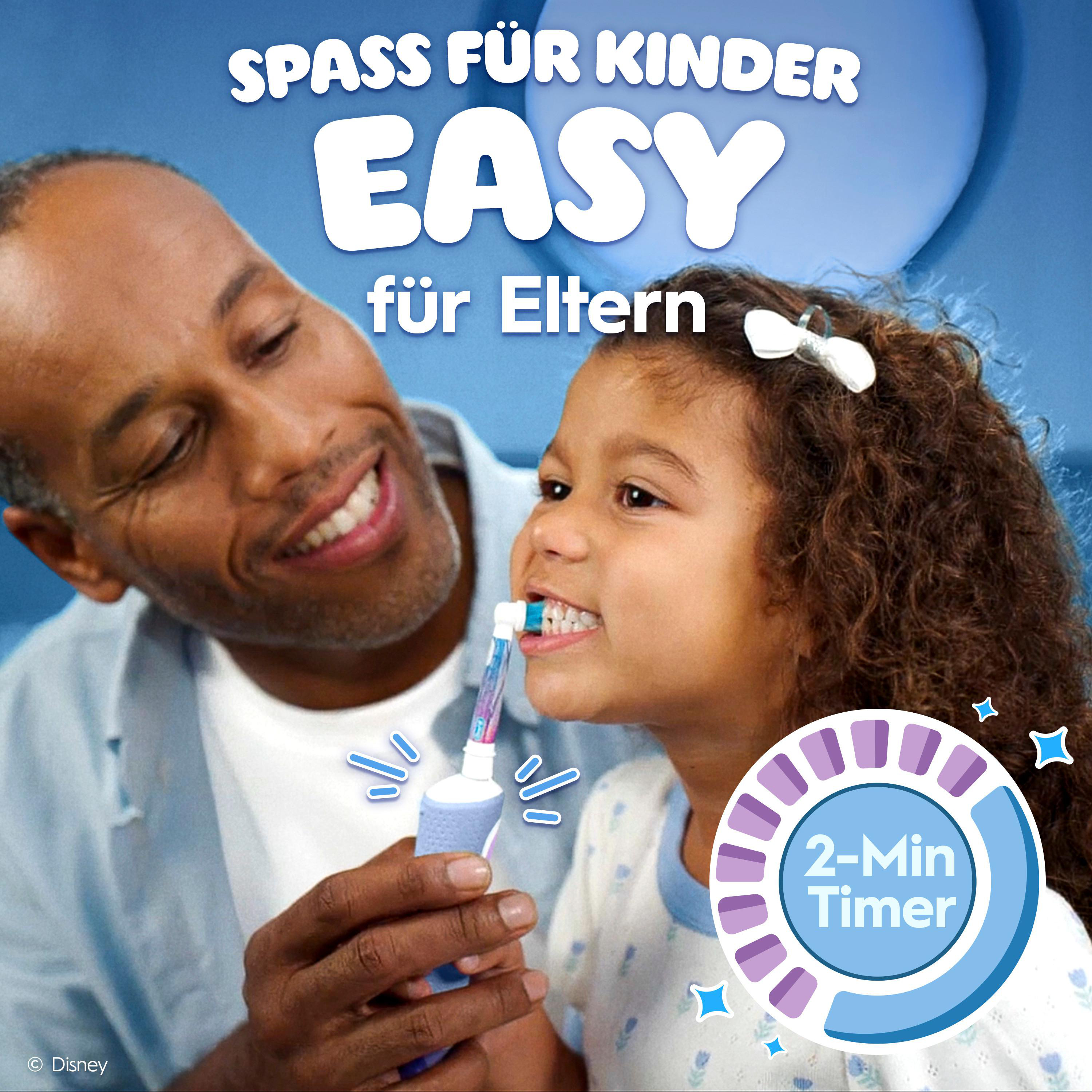 Ein Vater putzt die Zähne seiner Tochter. Text: 'Spaß für Kinder, Einfach für Eltern' und ein 2-Minuten-Timer.