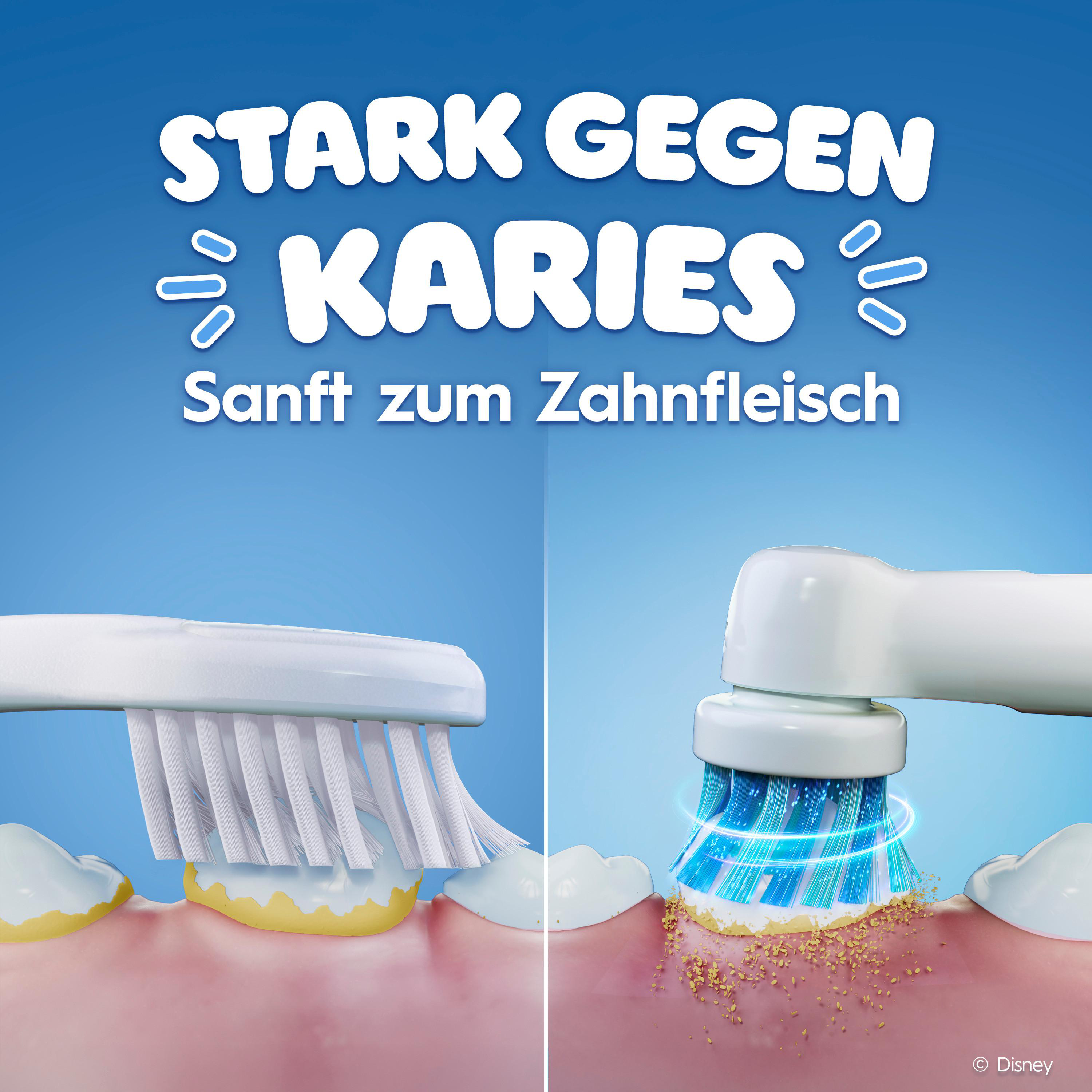 Das Bild zeigt eine Zahnbürste, die Zähne putzt. Der Text lautet: Stark gegen Karies, sanft zum Zahnfleisch.