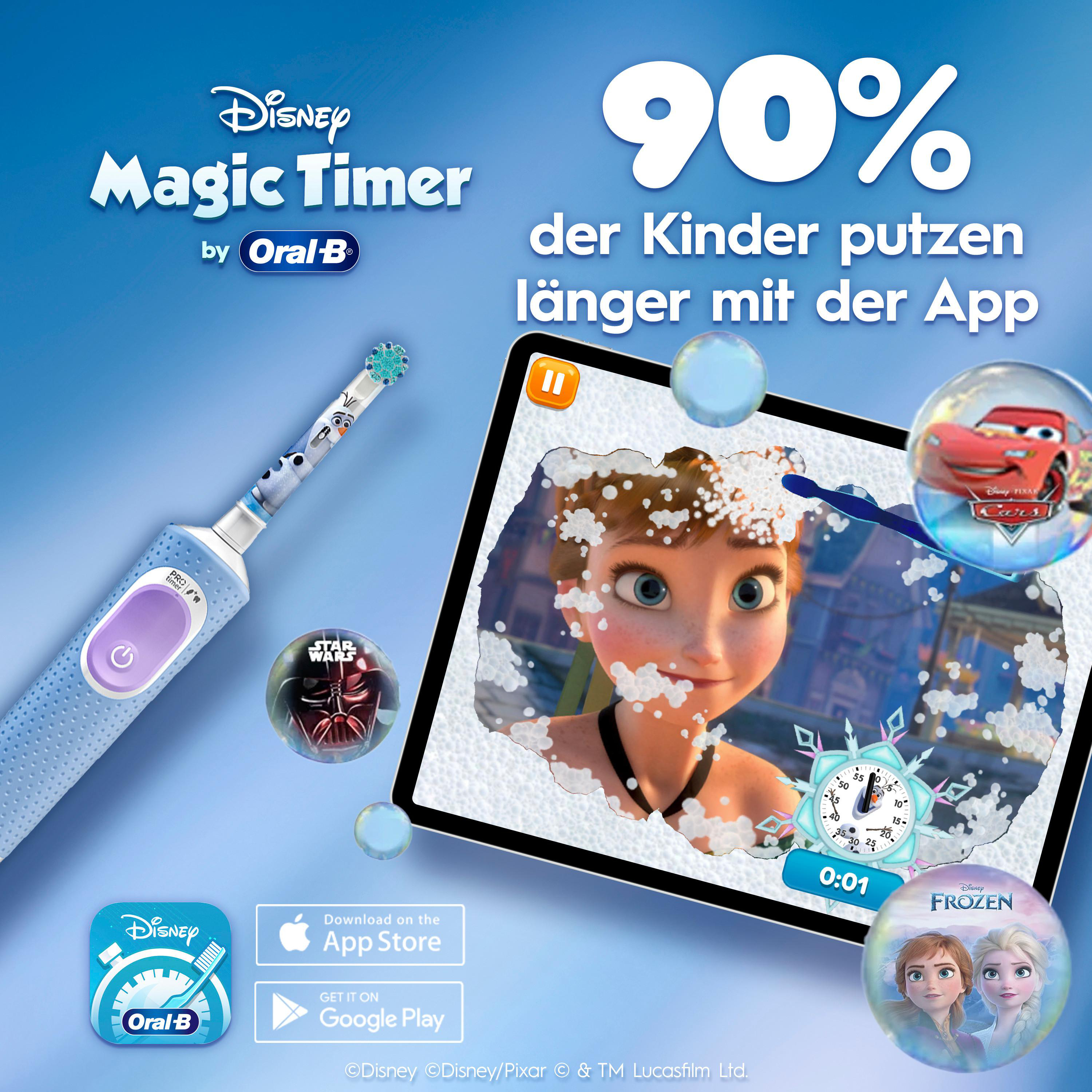 Eine Oral-B-Zahnbürste mit Disney-Figuren. Ein Tablet zeigt Anna aus Frozen. Blasen zeigen Cars und Star Wars.
