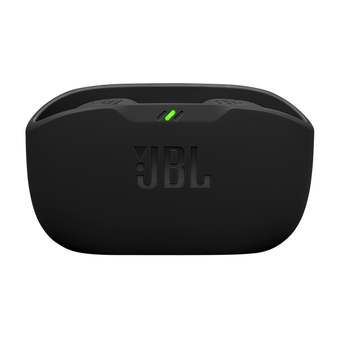 Egy fekete JBL töltőtok. A tok ívelt tetejű, és látható a JBL logója. Két zöld fény látható.
