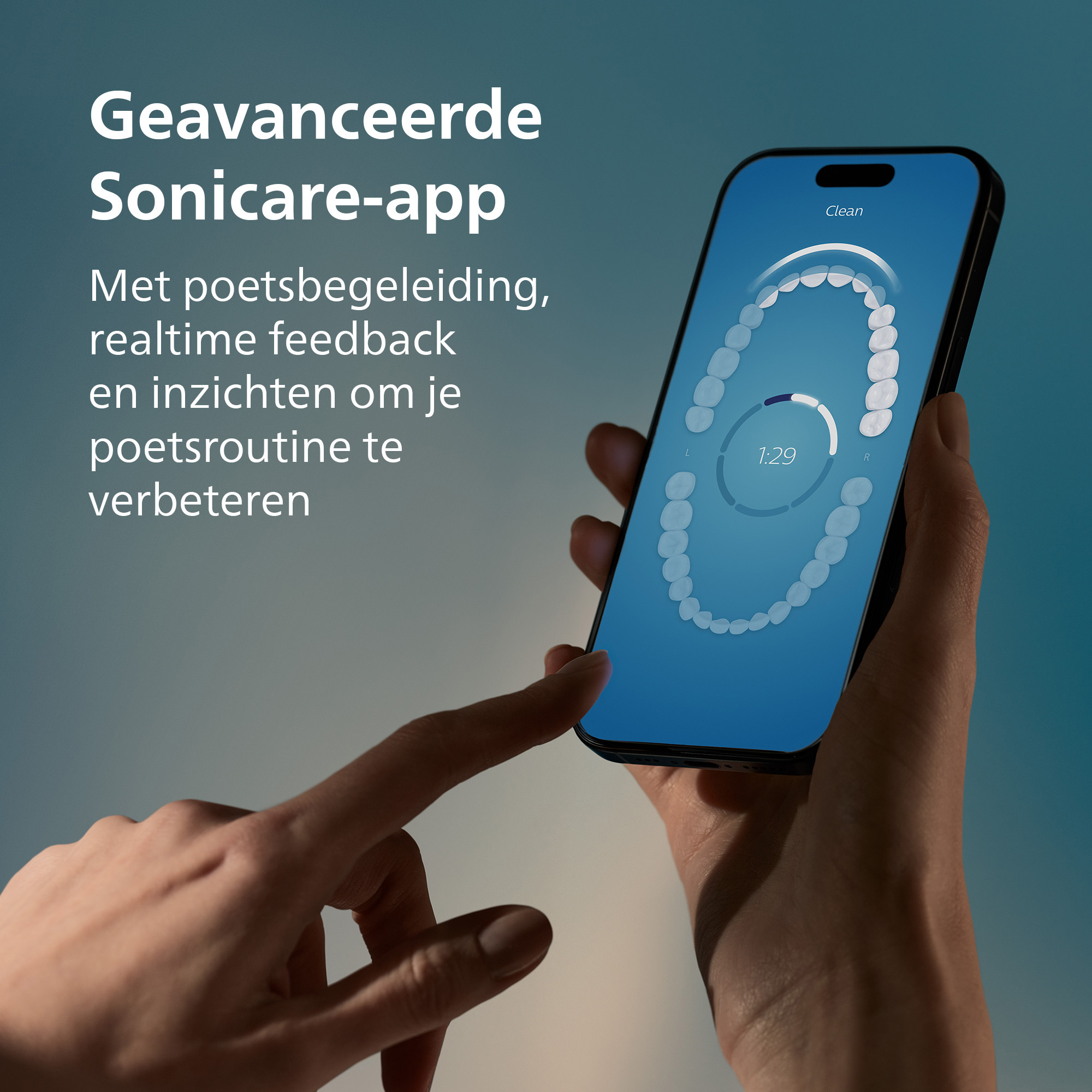 A phone shows teeth and a timer for brushing. A hand holds the phone, another touches the screen.