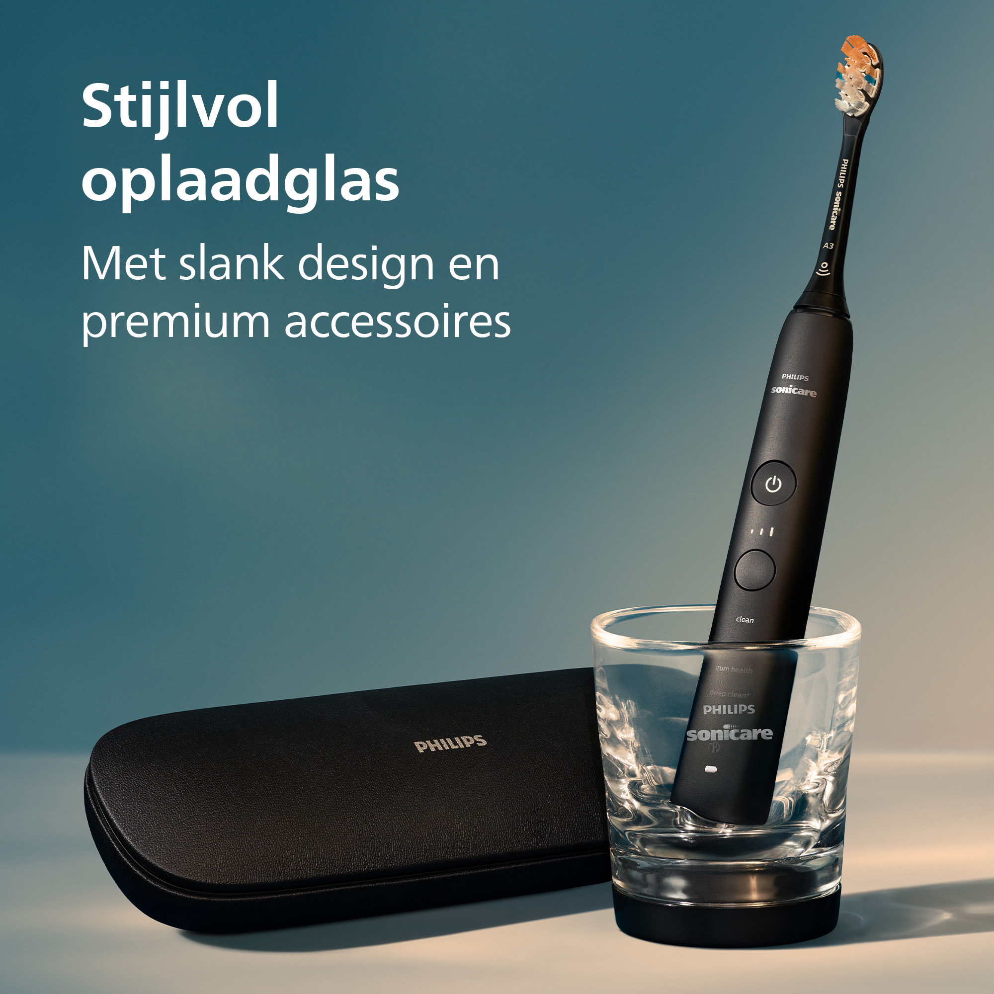 A black Philips Sonicare toothbrush in a glass, next to a black case. Text on the left. Blue and white background.