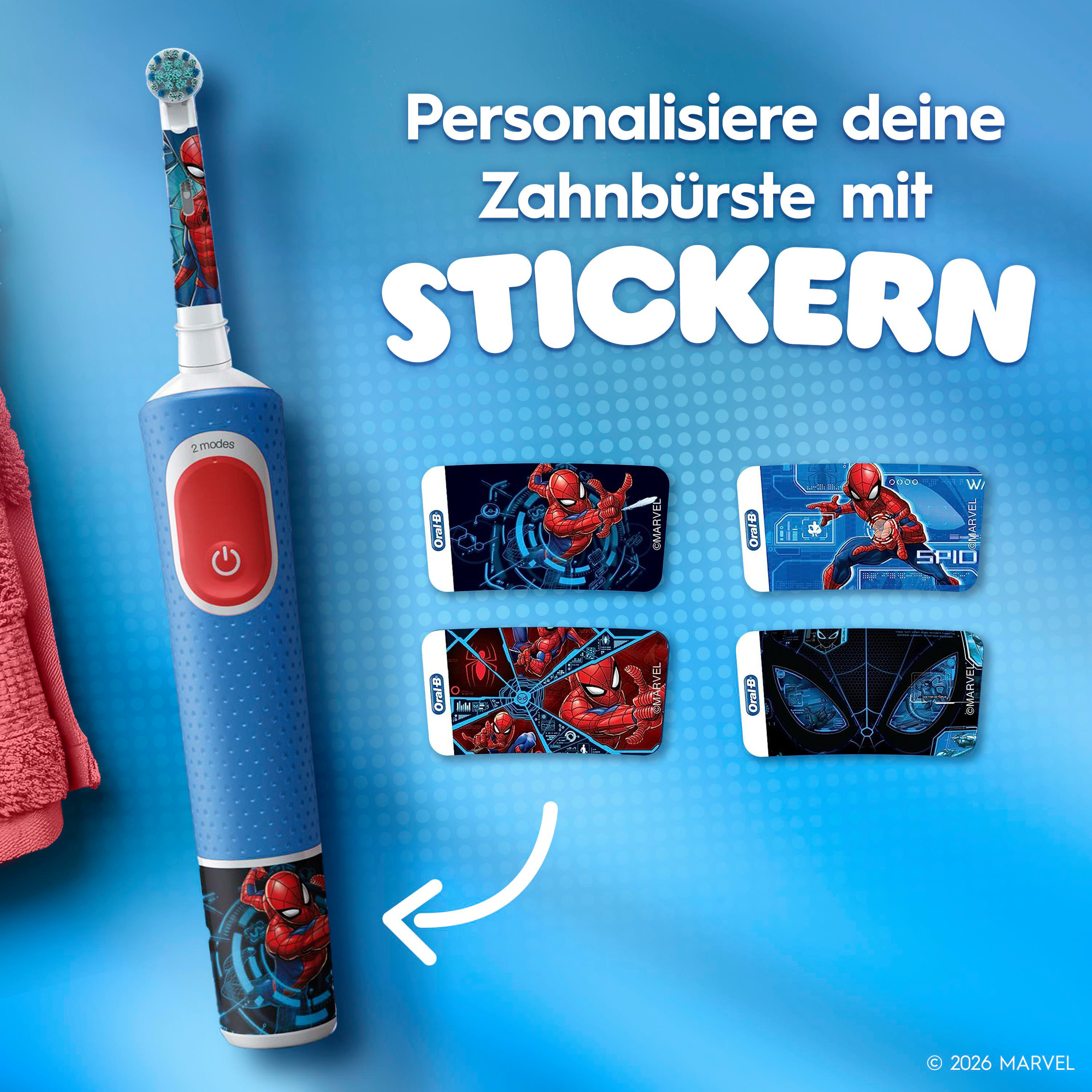 Eine elektrische blaue Spider-Man-Zahnbürste mit Aufklebern. Text: 'Personalisieren Sie Ihre Zahnbürste mit Aufklebern'.