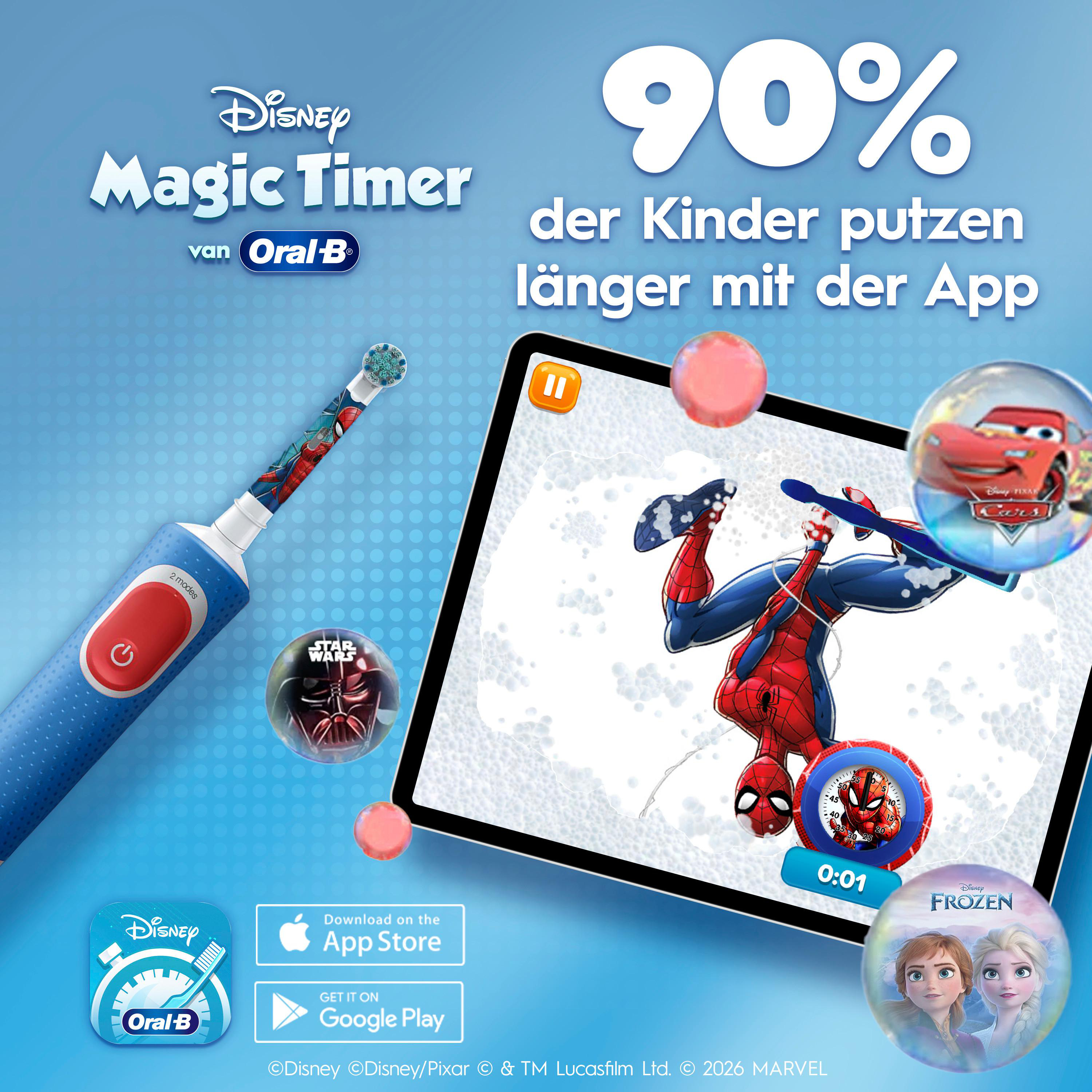 Eine Oral-B-Zahnbürste, ein Tablet mit Spider-Man und Blasen mit Charakteren auf blauem Hintergrund.