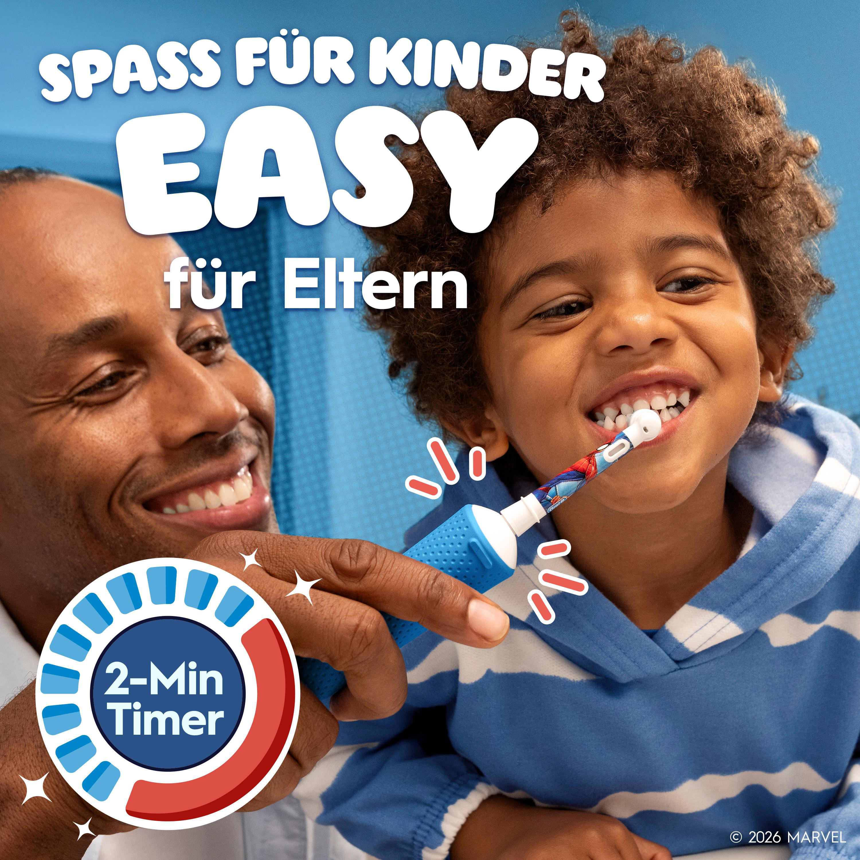 Ein Vater und Sohn lächeln, während der Junge sich die Zähne putzt. Text sagt 'Einfach für Eltern' und '2-Min-Timer'.