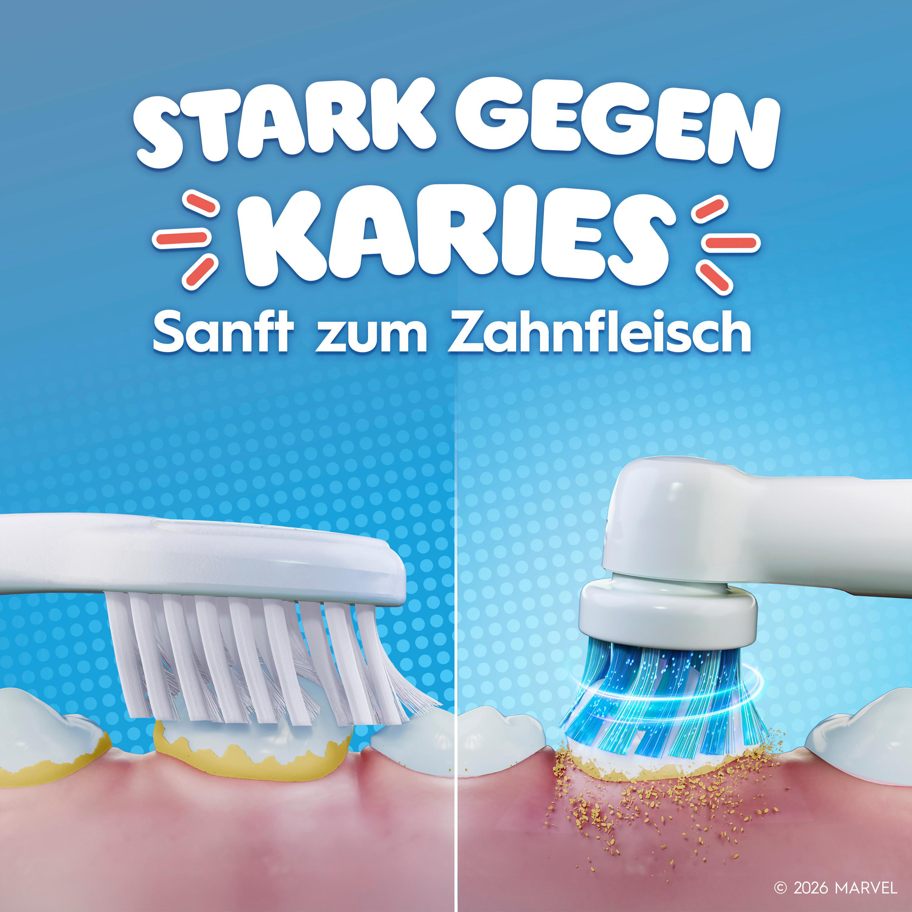 Das Bild zeigt eine Zahnbürste, die Zähne putzt. Der Text lautet auf Deutsch: 'Stark gegen Karies, sanft zum Zahnfleisch'.