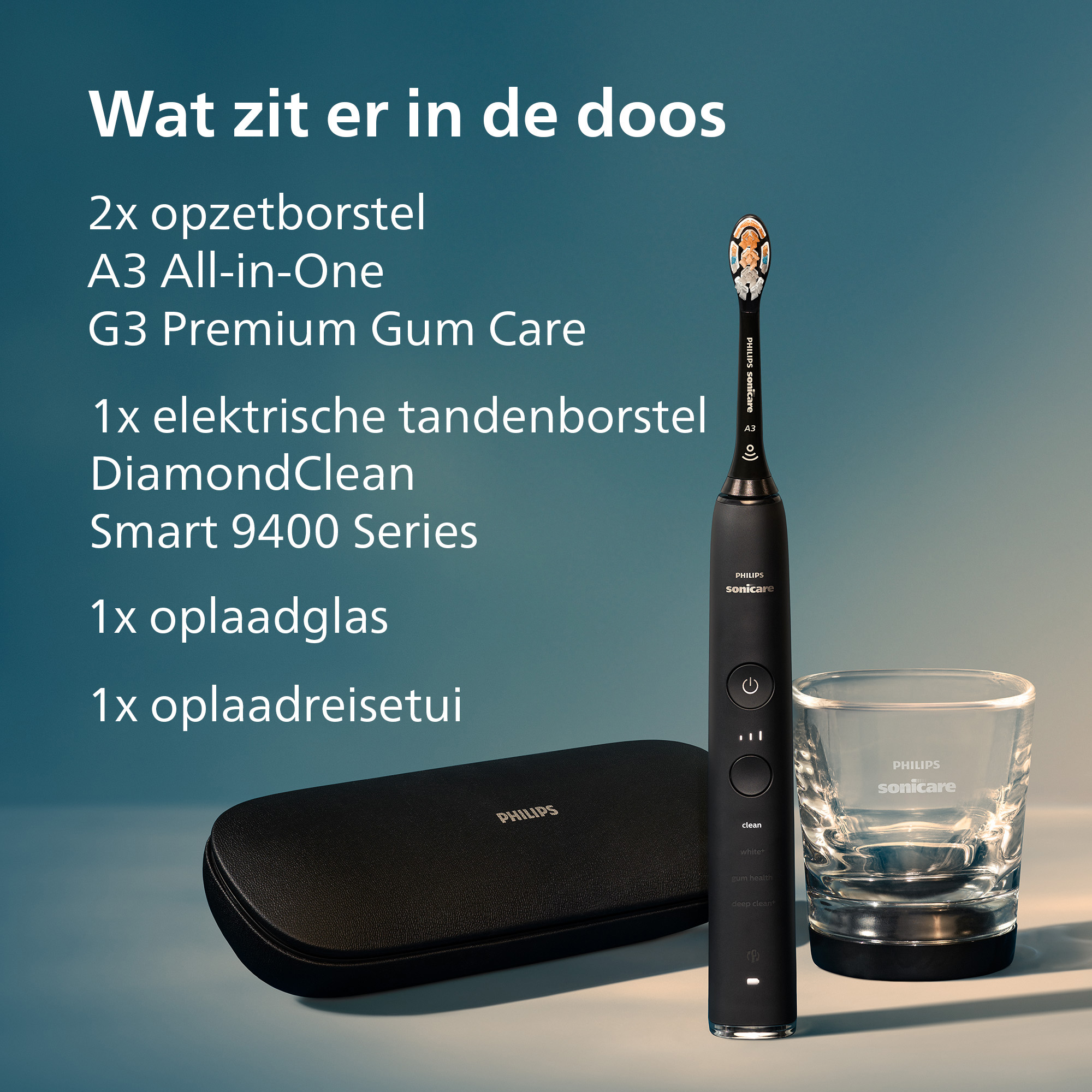 A black Philips Sonicare toothbrush, charging glass, case, and brush heads are on a light surface.