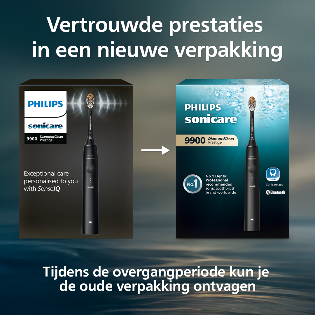 Image shows Philips Sonicare toothbrush packaging. Old and new packaging are displayed with text about the change.