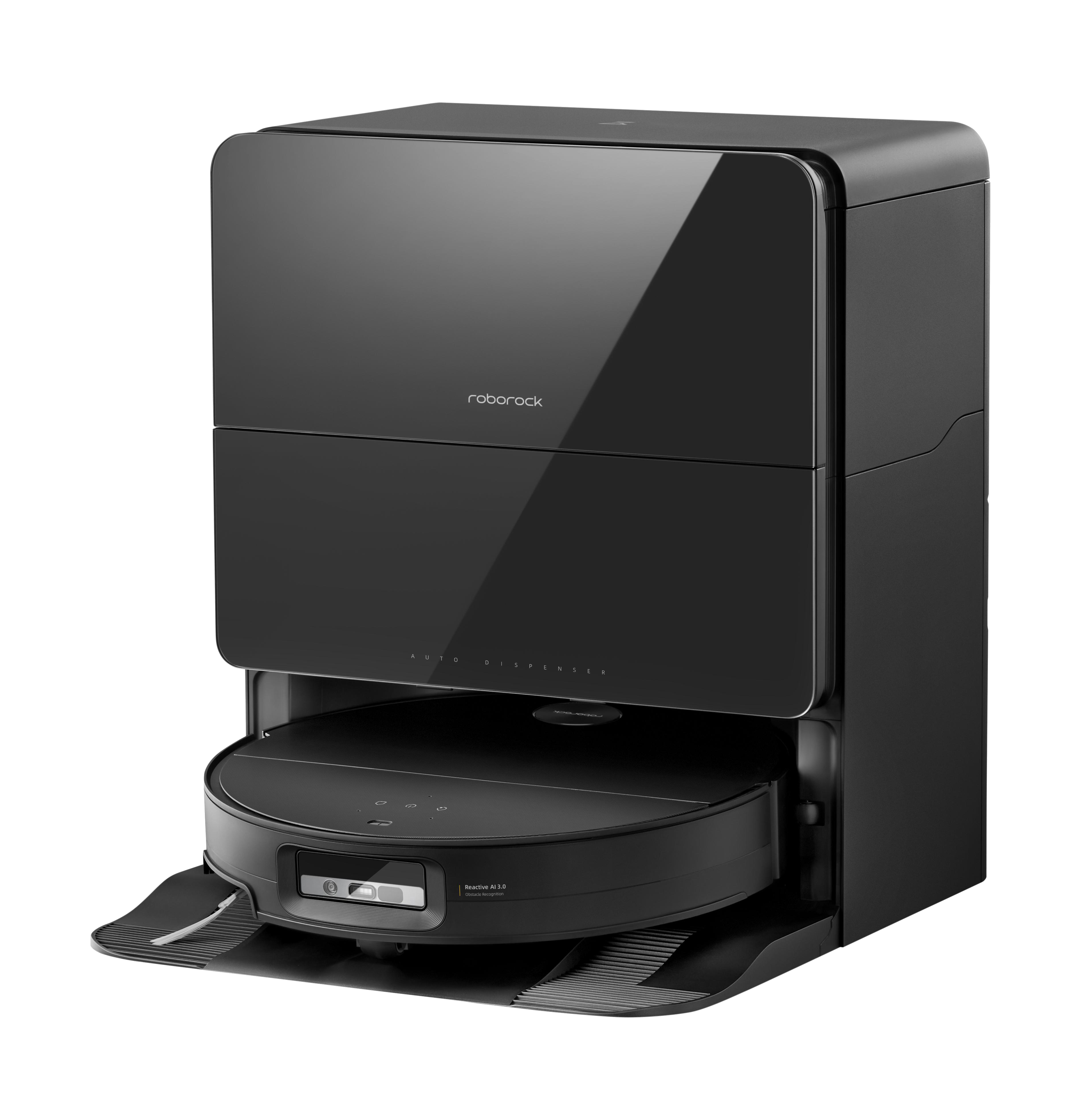 Schwarzer Roborock-Roboterstaubsauger und Ladestation. Die Station hat eine glänzende Front, der Staubsauger ist unten.