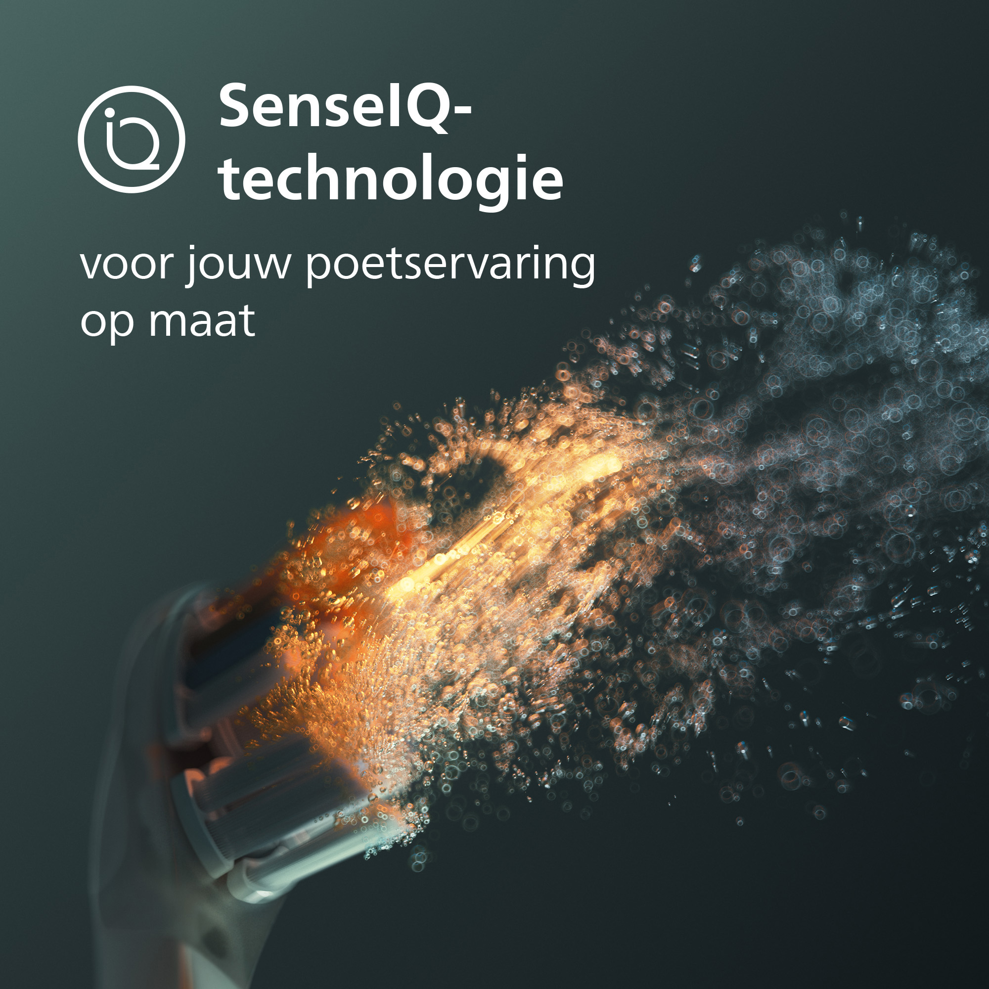 Image shows a toothbrush spraying water. Text says 'SenseIQ-technologie voor jouw poetservaring op maat'.
