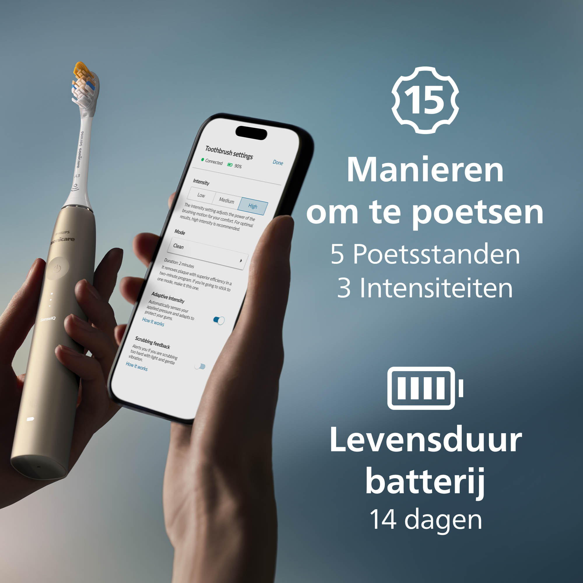 A hand holds a phone displaying toothbrush settings. A toothbrush is in the left, with text indicating battery life.