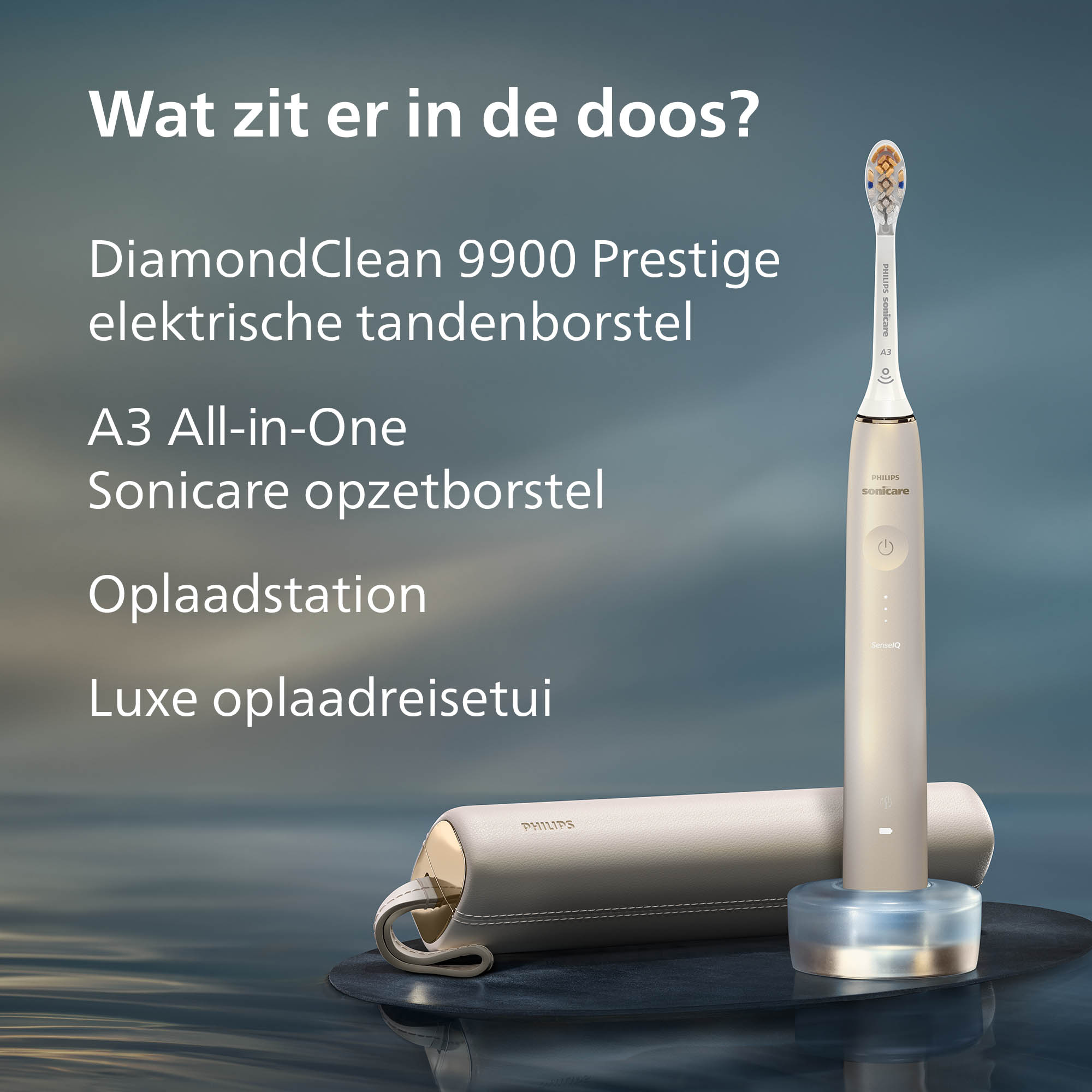 An electric toothbrush, charger, and travel case are on a reflective surface. Text lists items.