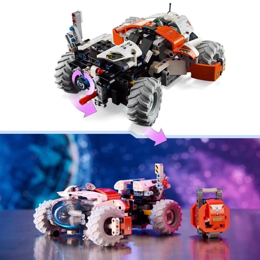 Dwa pojazdy terenowe Lego Technic. Góra: pomarańczowy, biały i czarny pojazd. Dół: biały i czerwony pojazd z odłączaną pomarańczową częścią.
