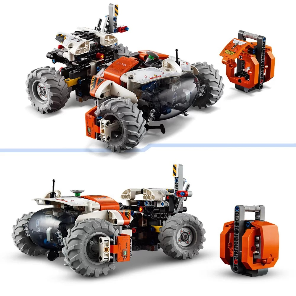 Dwa roboty Lego Technic z pomarańczowymi, białymi i czarnymi częściami. Jeden robot ma odłączany pomarańczowy moduł. Koła są szare.