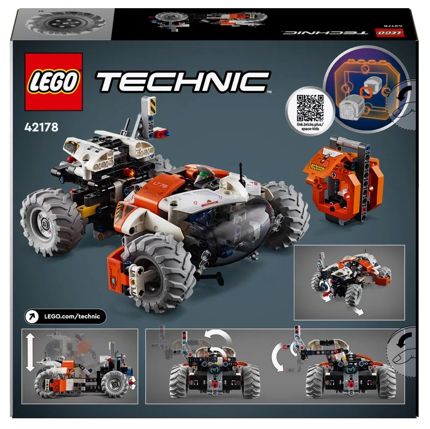 Model LEGO Technic 42178: pomarańczowy, biały i czarny pojazd. Zawiera mały model i instrukcje.