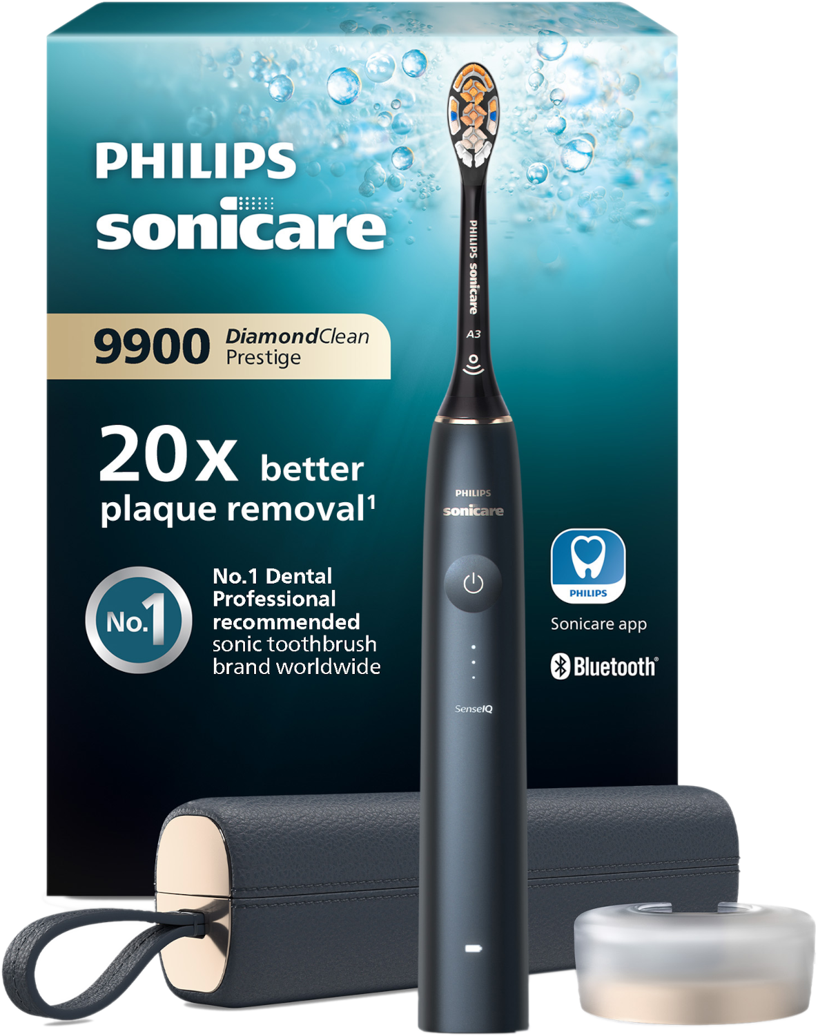 Philips Sonicare tandenborstelset. Inclusief tandenborstel, oplader, etui en doos. De borstel is zwart met een witte kop.