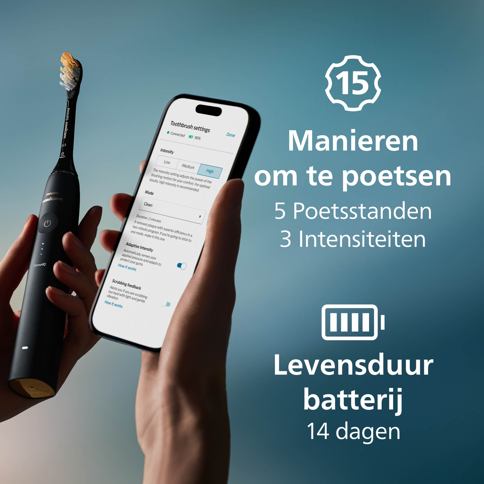 Een zwarte Philips Sonicare tandenborstel naast een telefoon met instellingen, met tekst over poetsen en batterijduur.