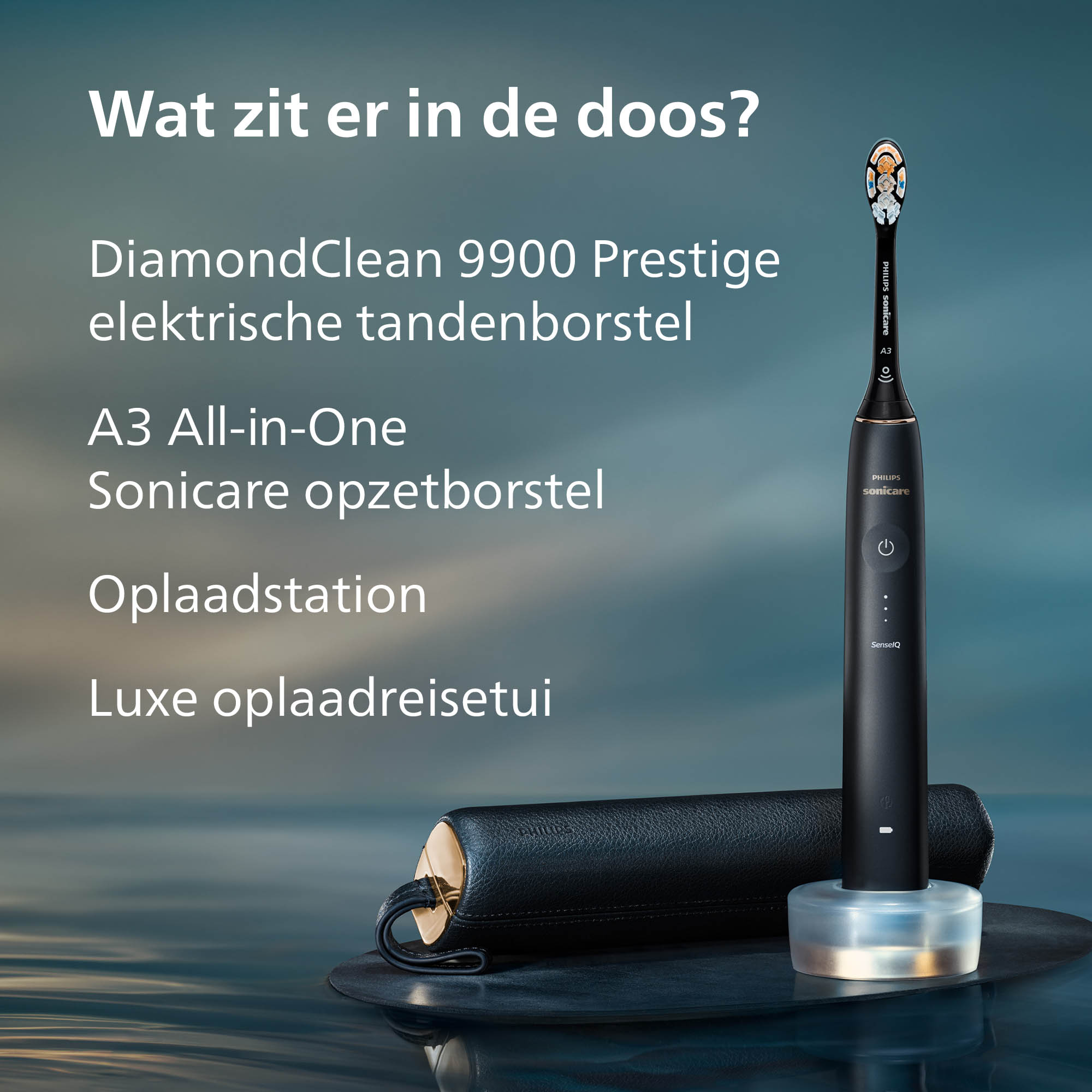 Zwarte elektrische tandenborstel met oplader en reisetui. Tekst: DiamondClean 9900, A3 All-in-One Sonicare, oplaadstation.