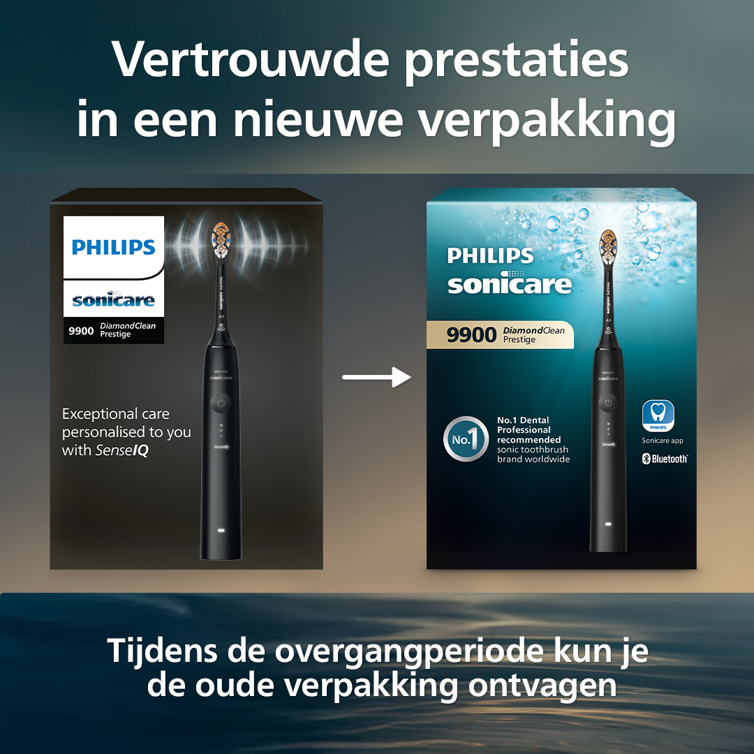 Afbeelding toont Philips Sonicare tandenborstel in oude en nieuwe verpakking. Tekst promoot nieuwe verpakking en belicht kenmerken van de tandenborstel.