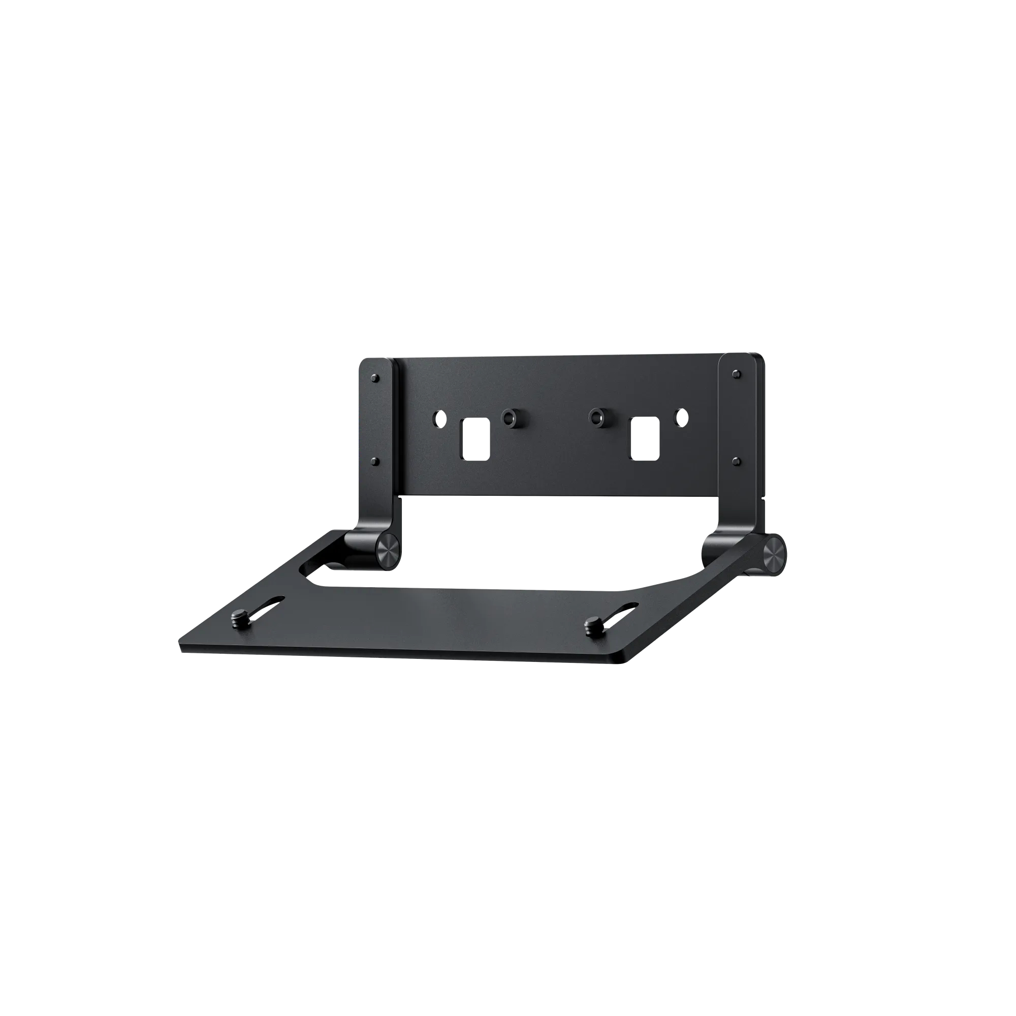 Eine schwarze Metallhalterung zur Montage. Sie hat eine Basis und einen aufrechten Abschnitt mit Löchern und Drehpunkten.