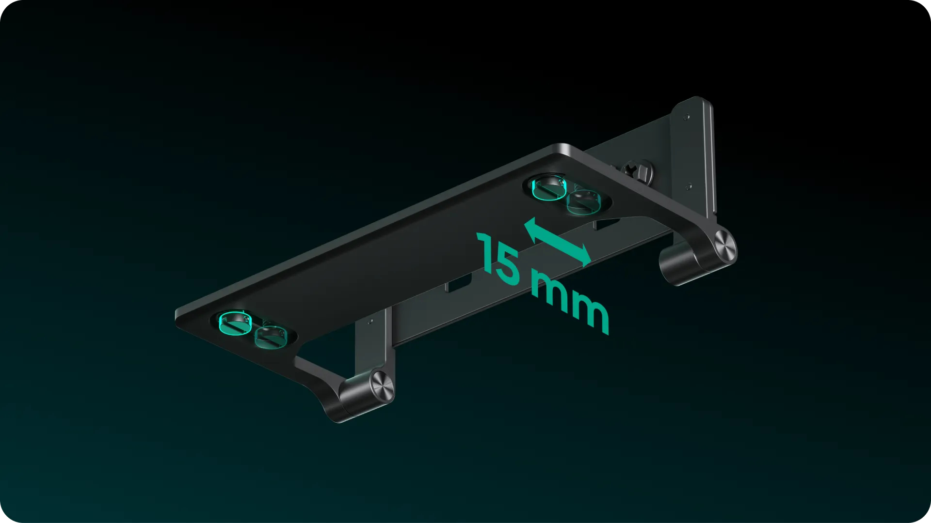 Eine schwarze Wandhalterung mit zwei grünen Schrauben. Ein grüner Pfeil zeigt 15 mm an. Der Hintergrund ist dunkelgrün.