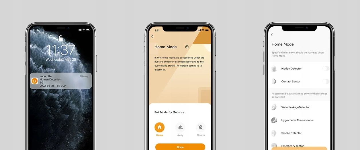 Trzy smartfony pokazujące ekrany aplikacji zabezpieczającej. Wyświetla powiadomienie, konfigurację trybu domowego i ustawienia czujników.