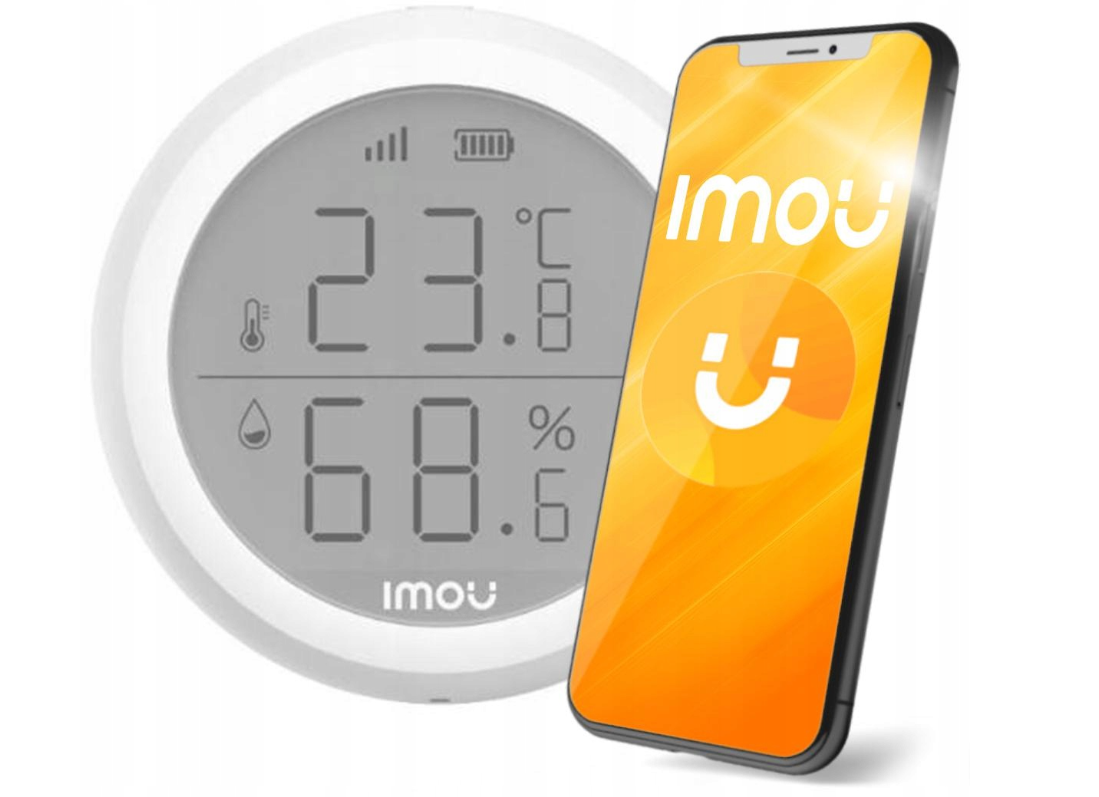Biały termometr Imou wyświetla 23,8°C i 68,6%. Po prawej stronie smartfon z aplikacją Imou.