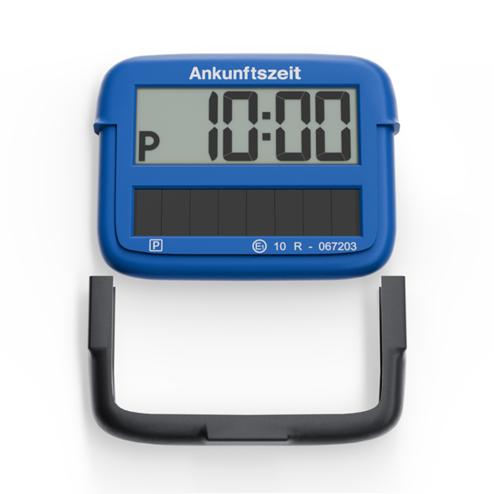 Blauer Parktimer mit 10:00. Schwarzer Griff unten abgetrennt. Text 'Ankunftszeit' oben.