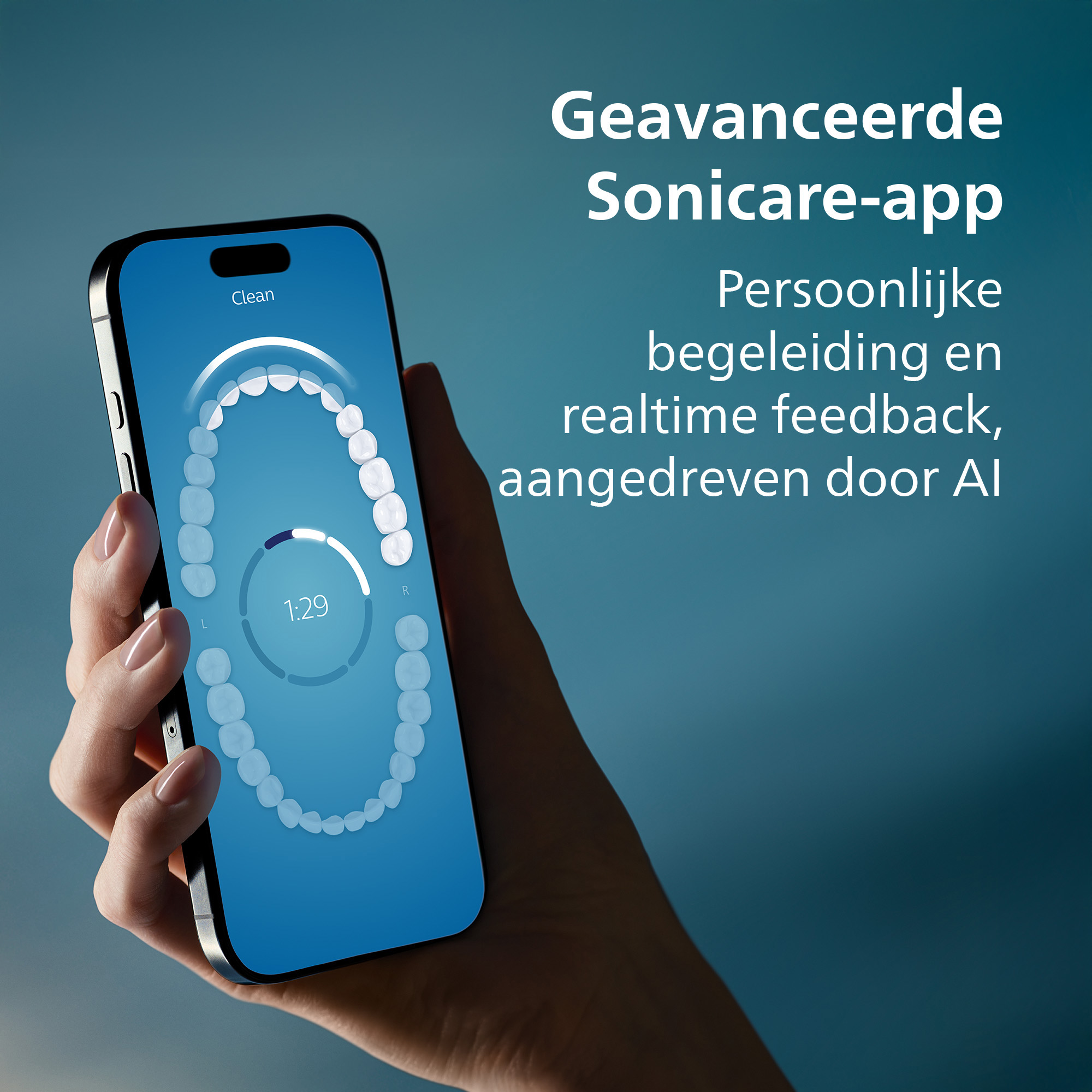 A hand holding a phone displaying a teeth cleaning app. The screen shows teeth and a timer. Background is teal.