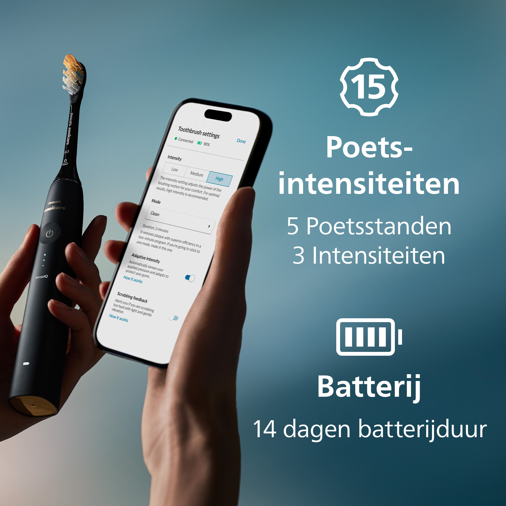 A black toothbrush and a smartphone displaying settings are held against a blue background, with text and icons.