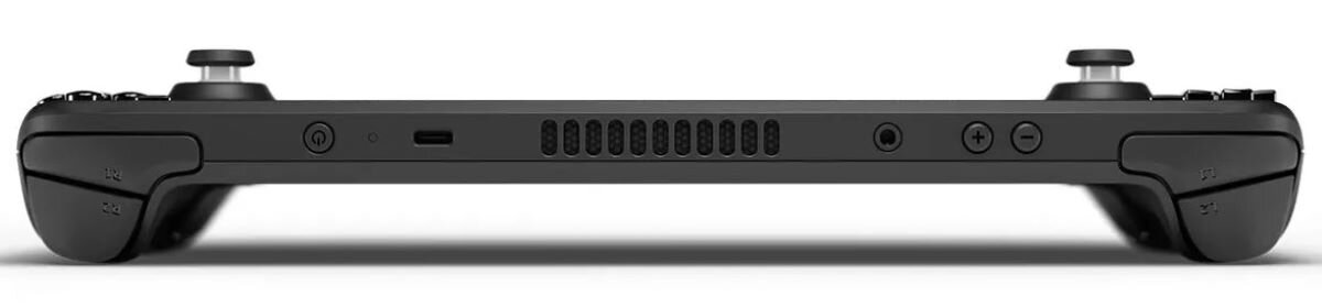 Czarna konsola przenośna, widziana od dołu. Ma przyciski, joysticki i otwór wentylacyjny. Tło jest białe.