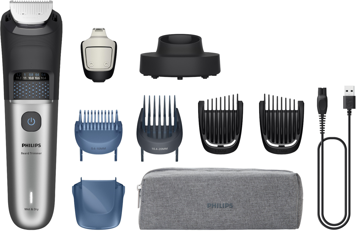 Een Philips baardtrimmer set. Het bevat de trimmer, diverse kamopzetstukken, een oplaadkabel en een reiszakje.