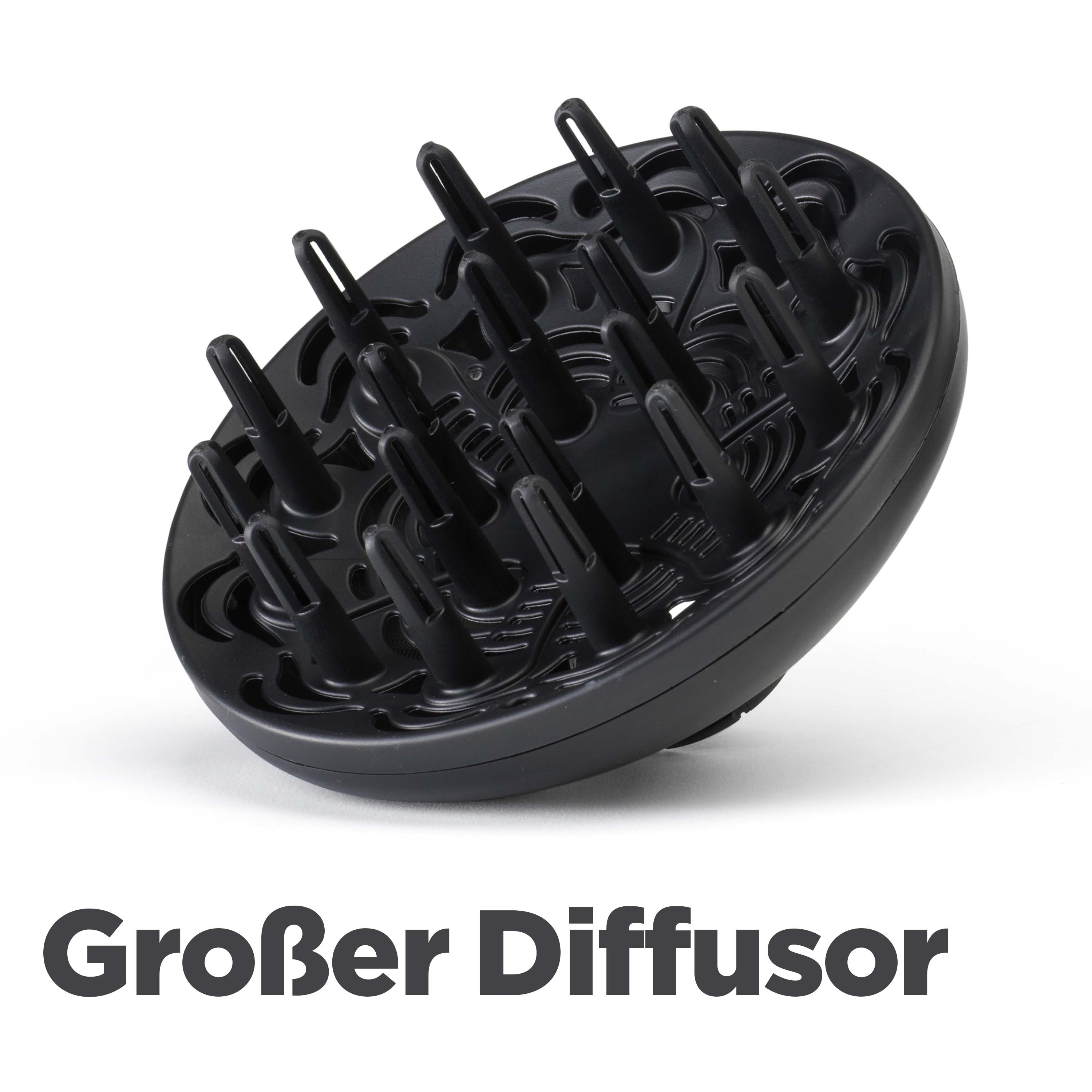 Schwarzer Haartrocknerdiffusor auf weißem Hintergrund. Text 'Großer Diffusor' steht darunter.