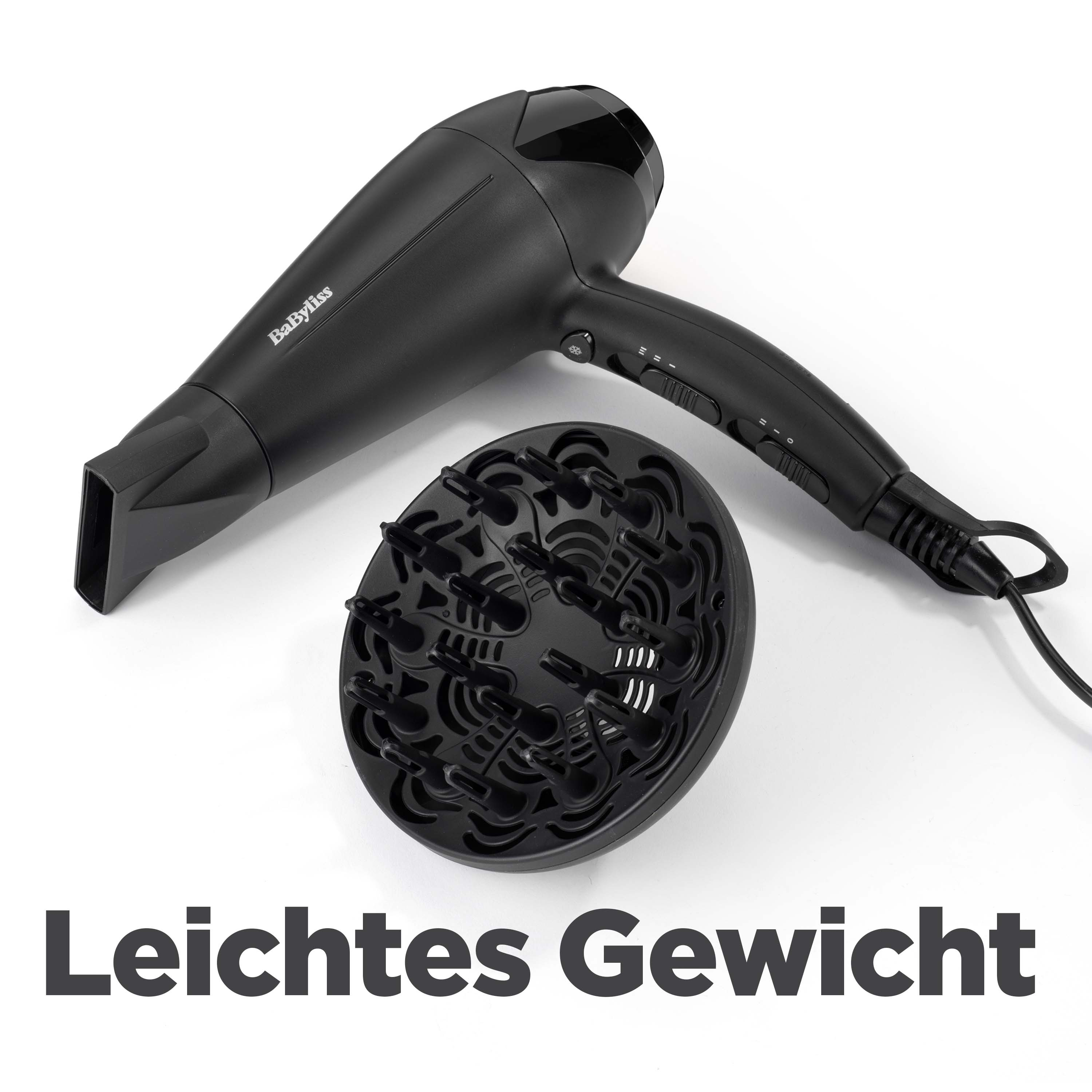 Schwarzer Haartrockner und Diffusor auf weißem Hintergrund. Der Text "Leichtes Gewicht" steht unten.