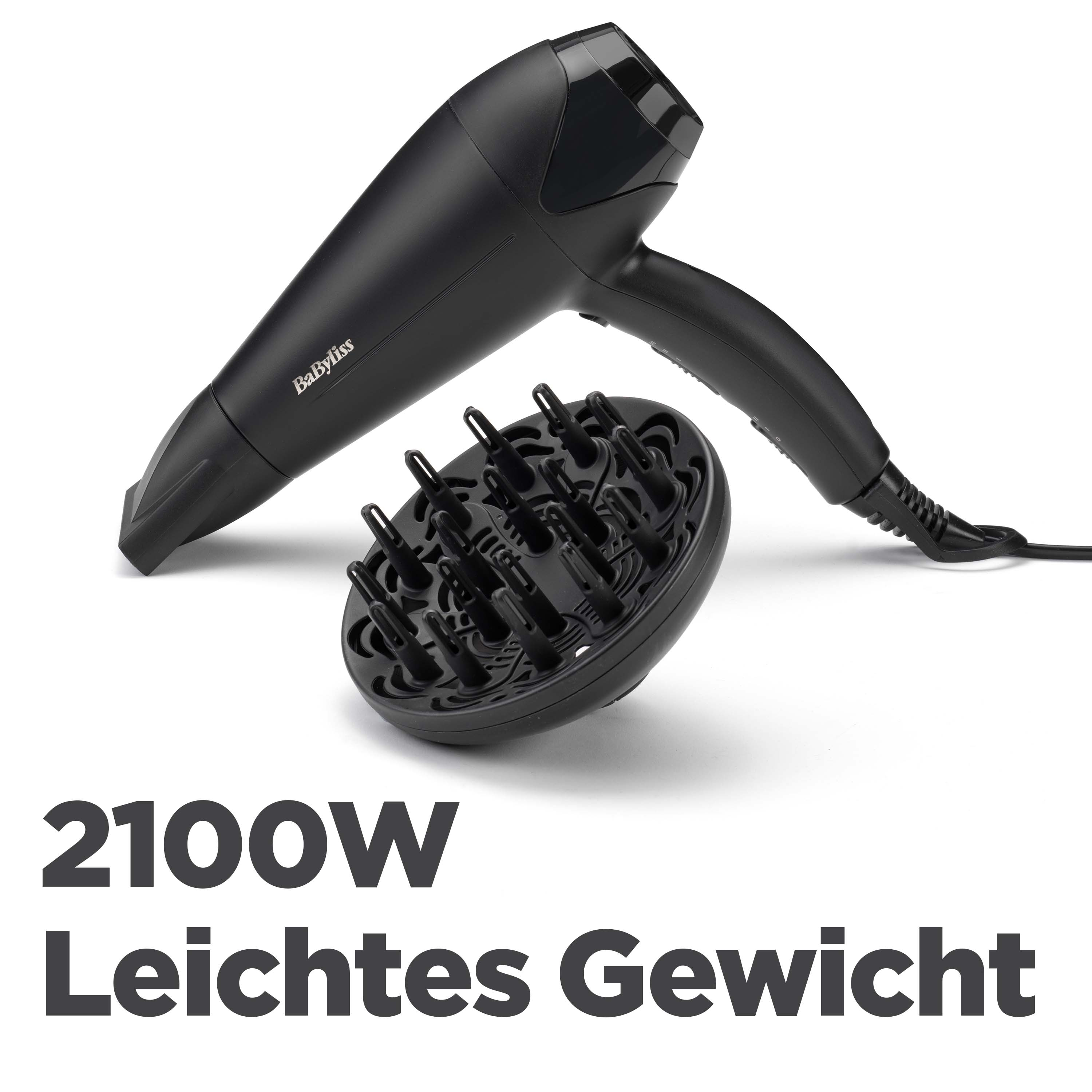 Schwarzer Babyliss-Haartrockner mit Diffusor auf weißem Hintergrund. Text: '2100W, Leichtes Gewicht'.