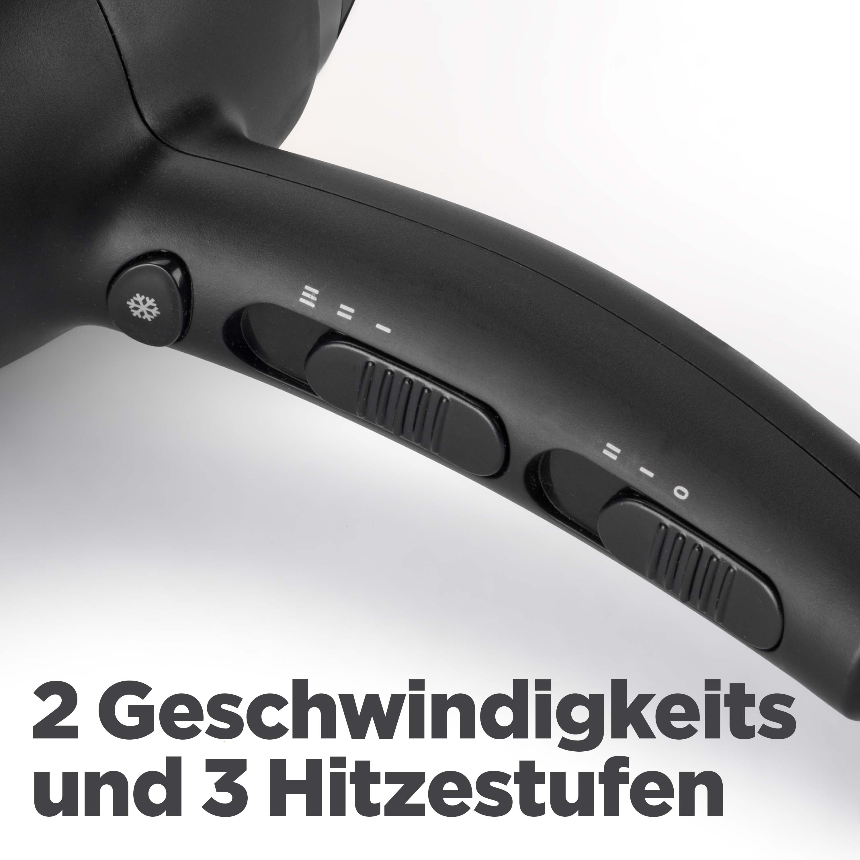 Schwarzer Haartrockner mit Knöpfen und Einstellungen. Text: 2 Geschwindigkeiten und 3 Heizstufen.