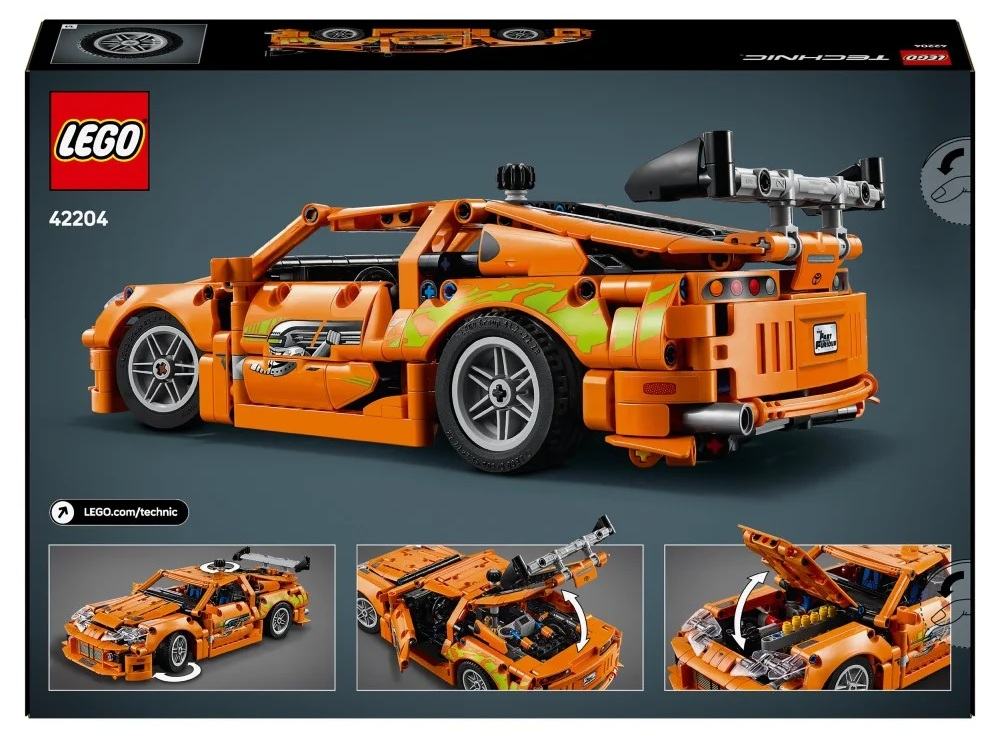 Pomarańczowy samochód LEGO Technic z serii Szybcy i Wściekli, z zielonymi naklejkami, spojlerem i szczegółowym podwoziem.