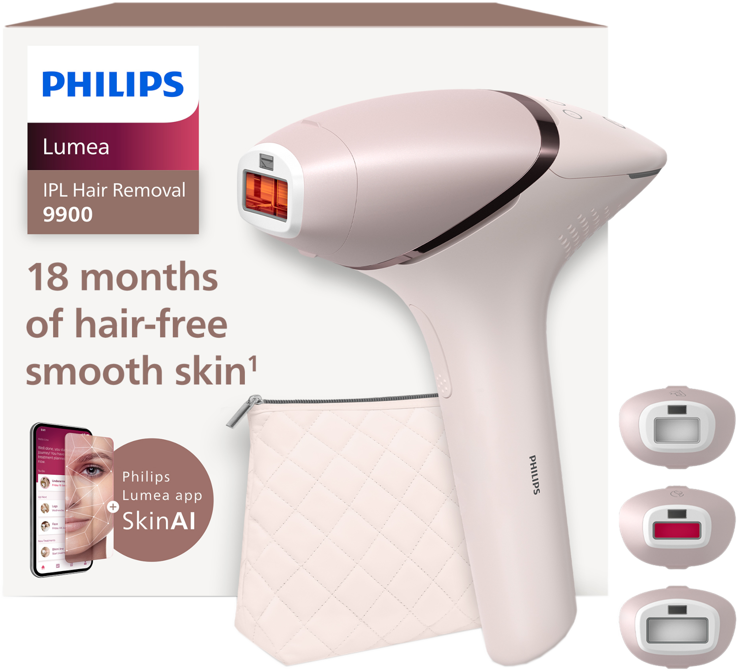 Philips Lumea IPL ontharingsapparaat in roze. Inclusief een etui en drie opzetstukken. Tekst: 18 maanden haarvrije, gladde huid.