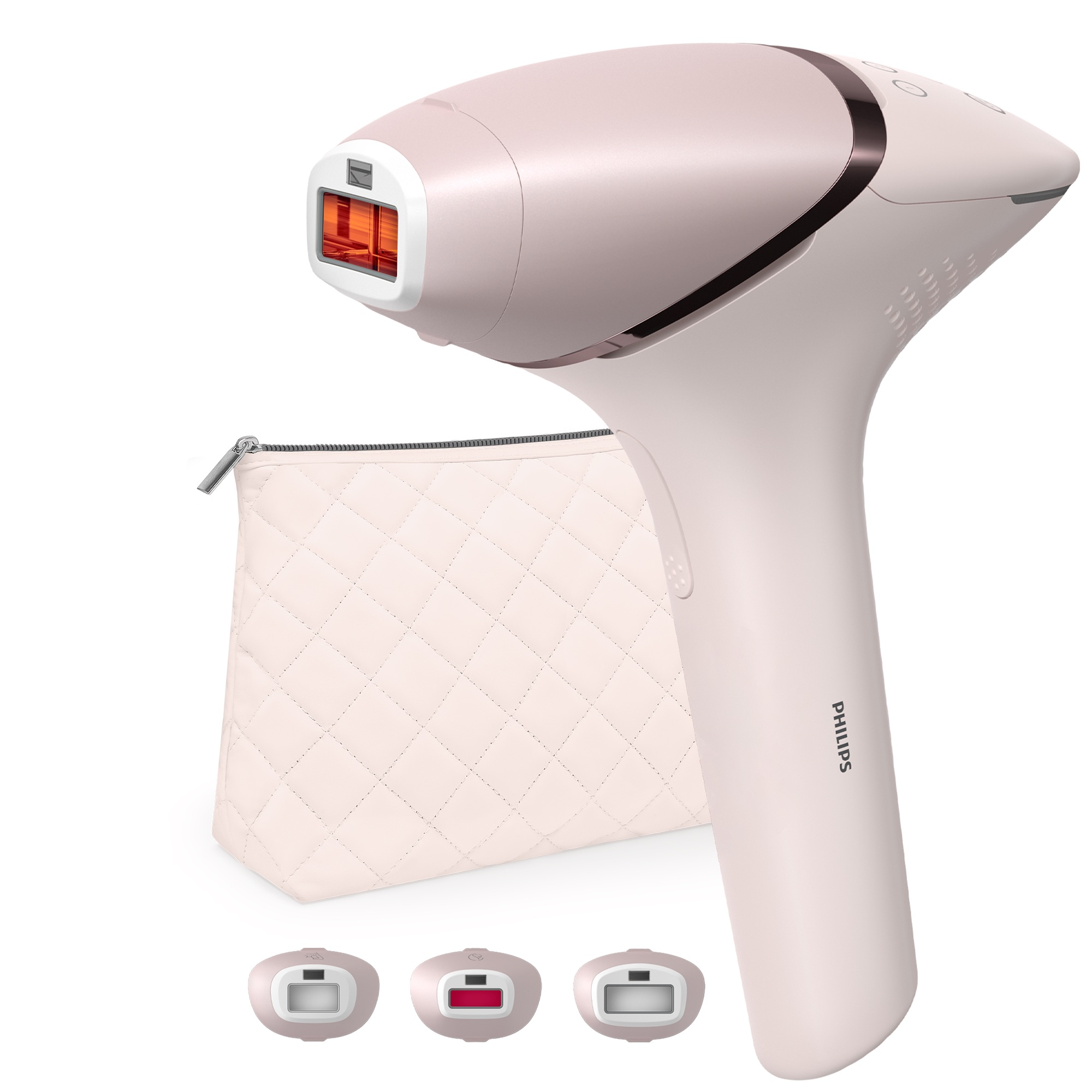 A pink Philips IPL device, a matching pouch, and three device heads are displayed on a white background.