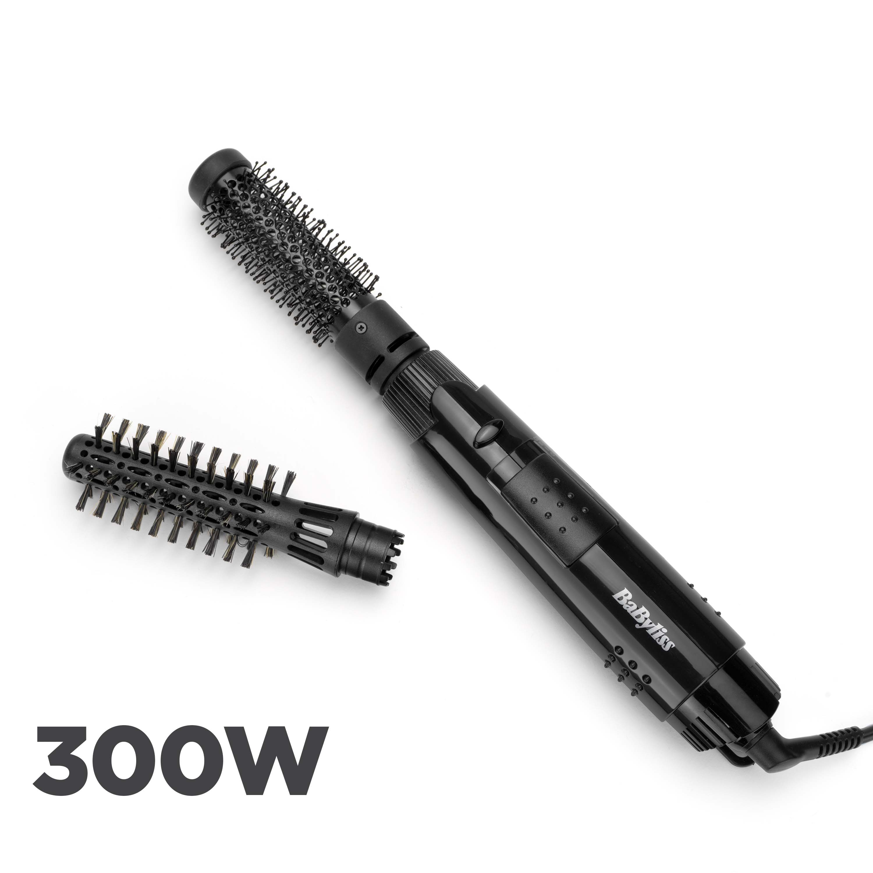 Schwarzer Babyliss-Haarstyler mit zwei Aufsätzen, einer abgenommen. 300W Text unten auf weißem Hintergrund sichtbar.