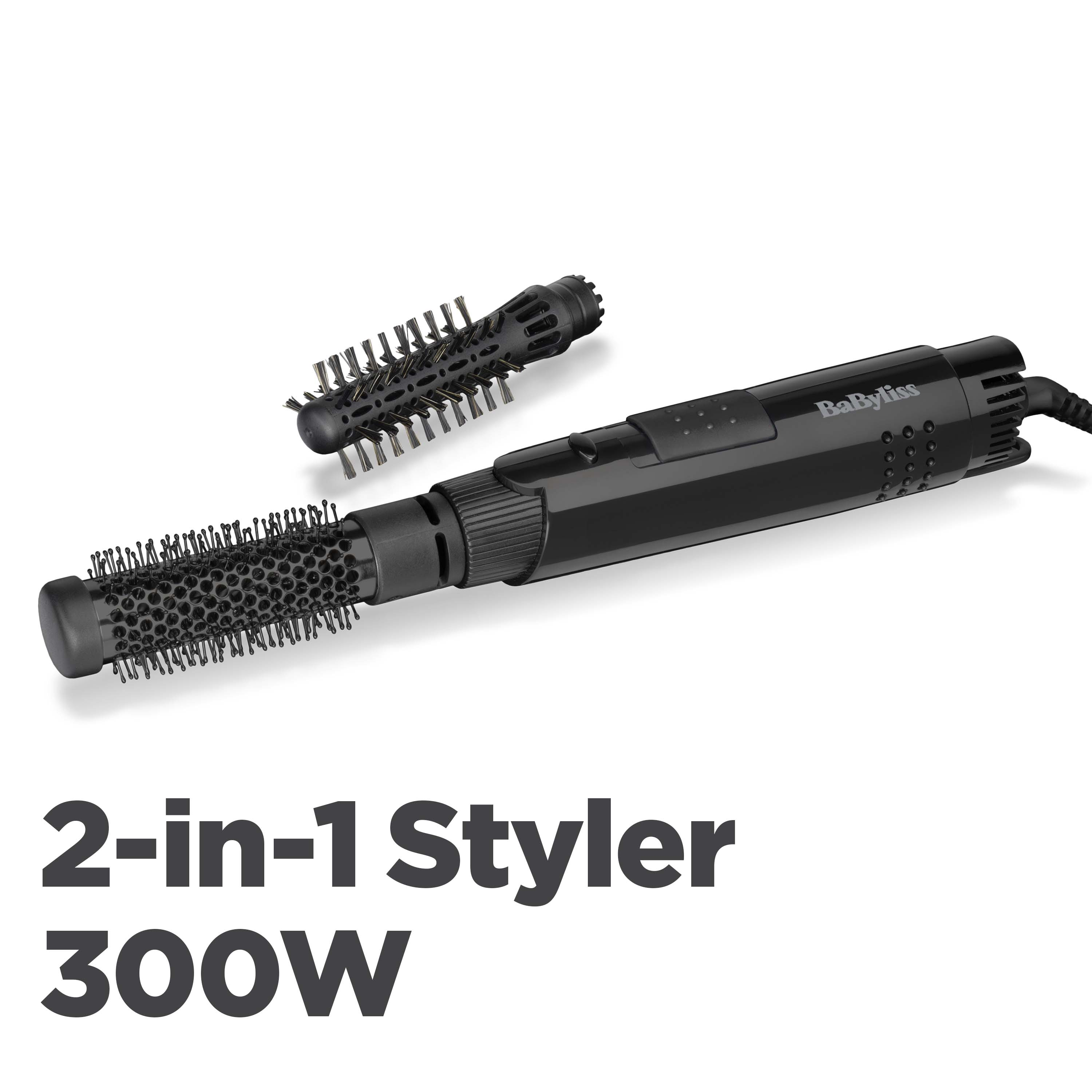 Ein schwarzer BaByliss 2-in-1 Styler mit zwei austauschbaren Bürstenköpfen, unten steht '2-in-1 Styler 300W'.