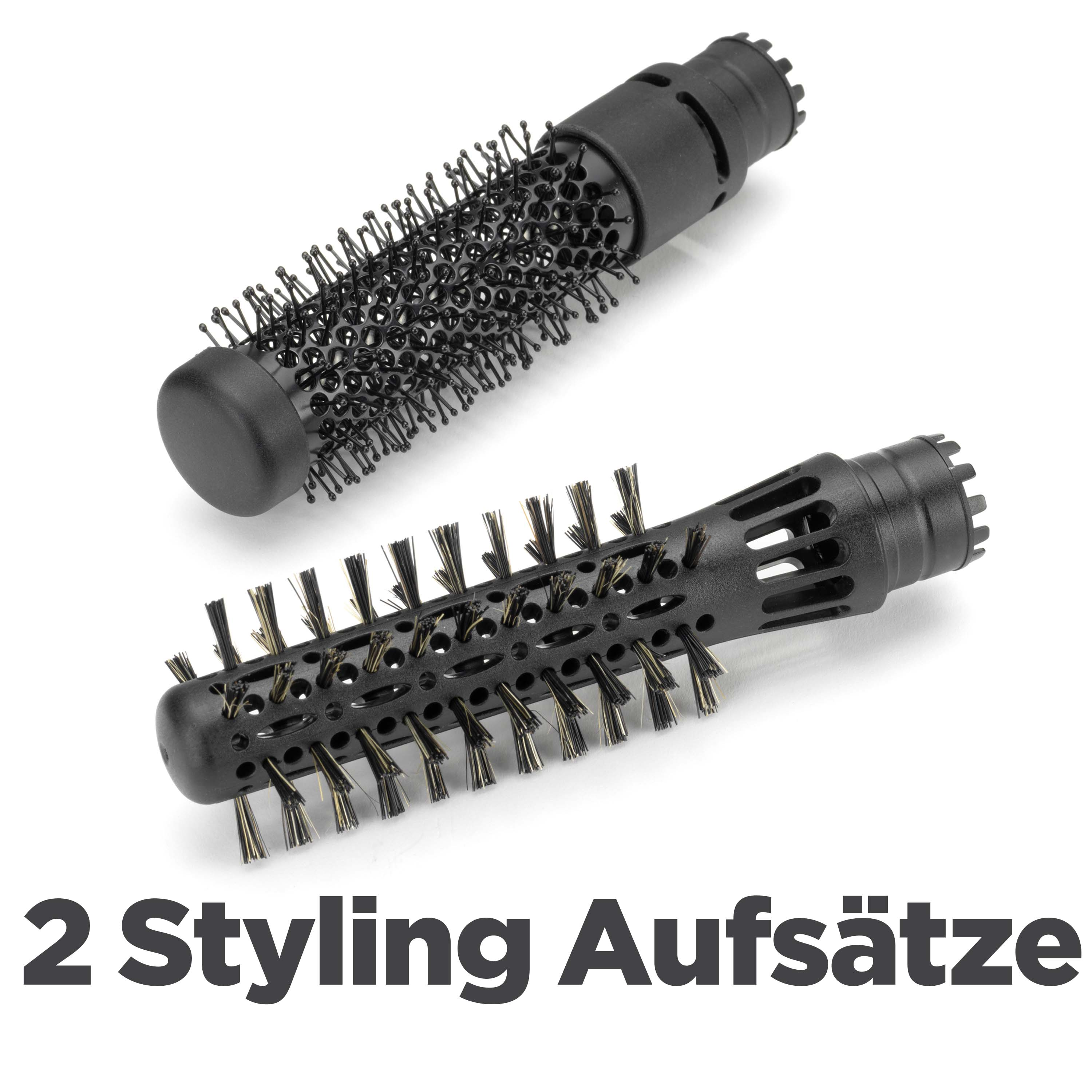 Zwei schwarze Haarstyling-Aufsätze. Einer hat schwarze Borsten, der andere hat schwarze und goldene Borsten, beide auf Weiß.