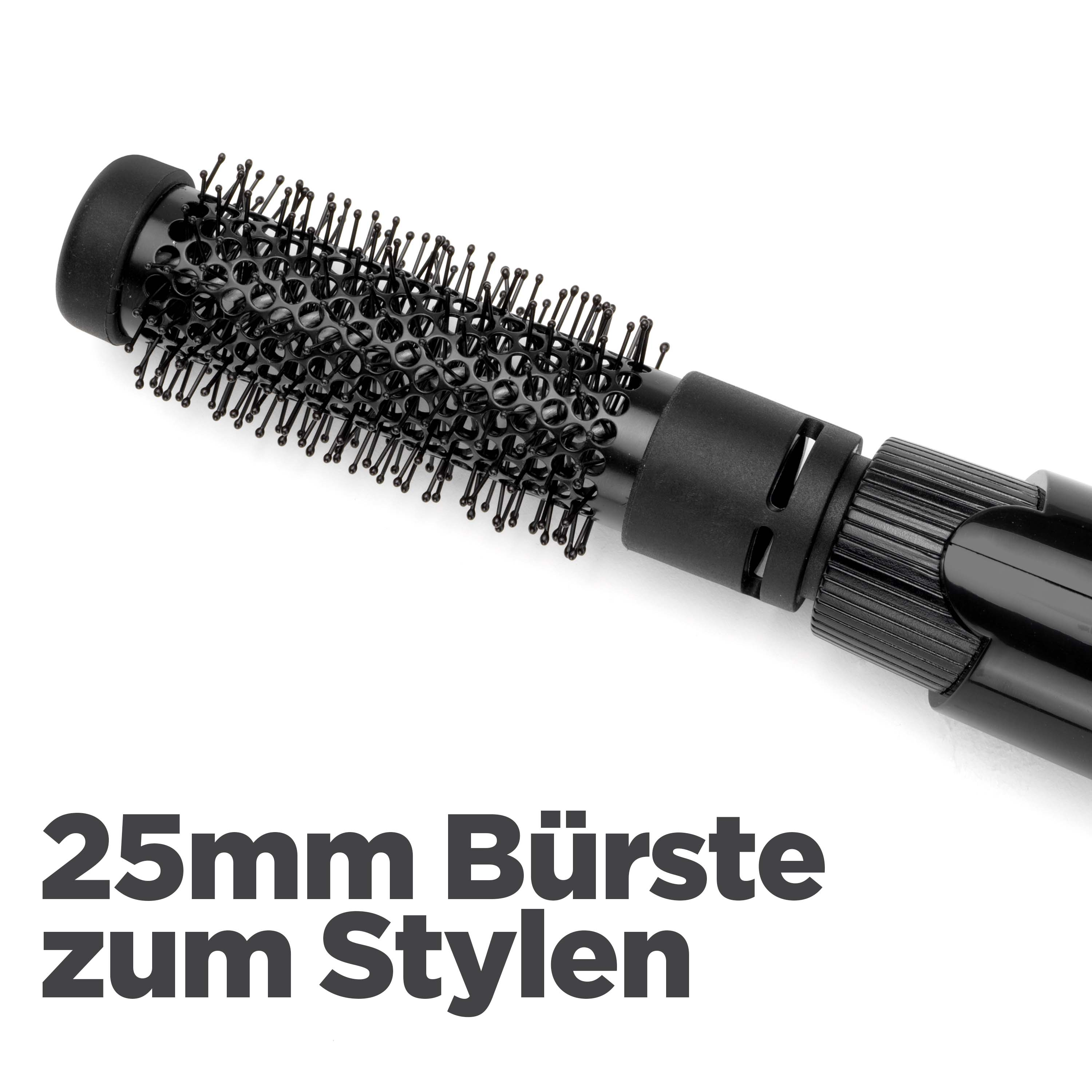 Eine schwarze Lockenwicklerbürste mit Borsten ist auf einer weißen Oberfläche abgewinkelt, mit Text 25mm Bürste zum Stylen.