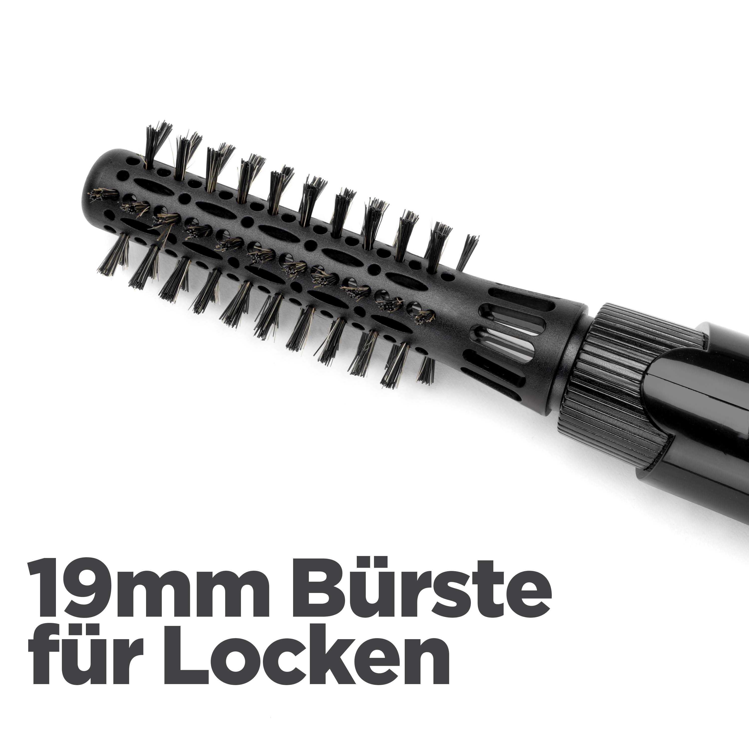 Eine schwarze Lockenwicklerbürste mit Borsten ist auf einer weißen Oberfläche abgewinkelt. Text: '19mm Bürste für Locken'.